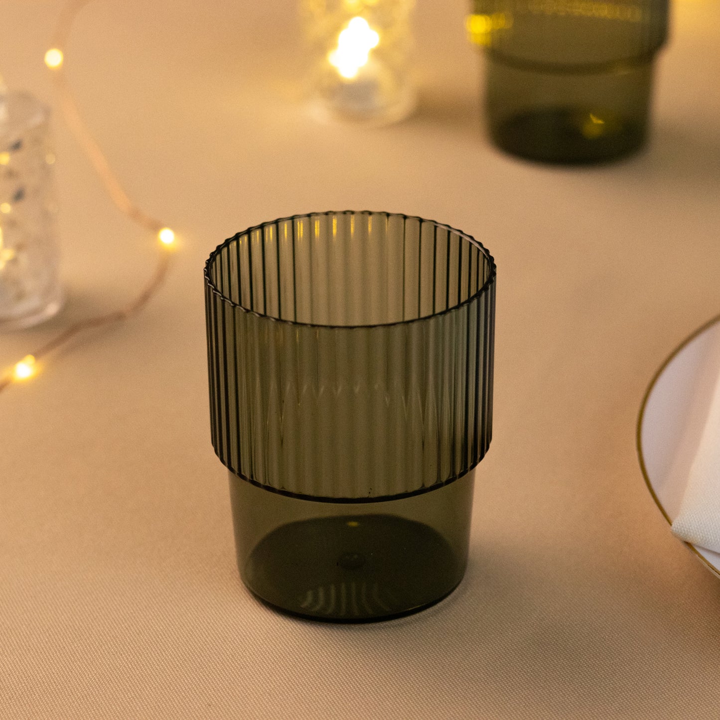 12 Pack Hunter Emerald Green Stackable Ribbed Reusable Plastic Tumblers, 7oz Shatterproof Short Drinking Glasses