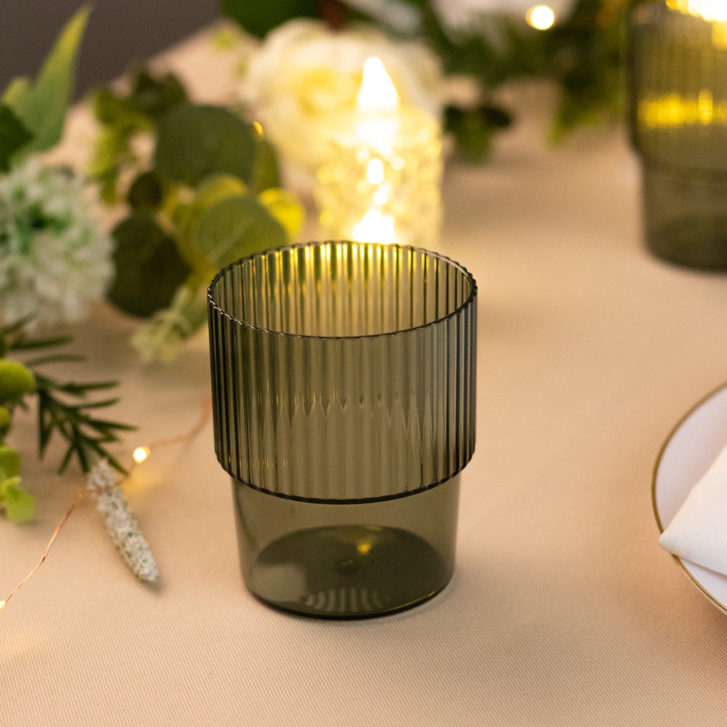 12 Pack Hunter Emerald Green Stackable Ribbed Reusable Plastic Tumblers, 7oz Shatterproof Short Drinking Glasses