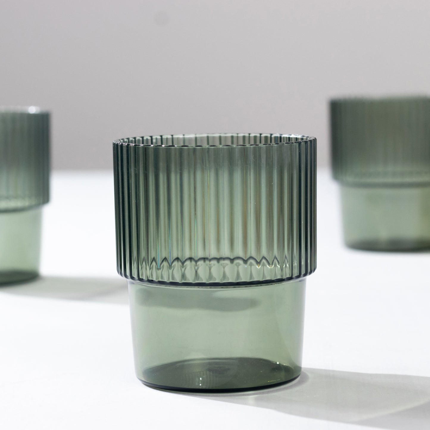 12 Pack Hunter Emerald Green Stackable Ribbed Reusable Plastic Tumblers, 7oz Shatterproof Short Drinking Glasses