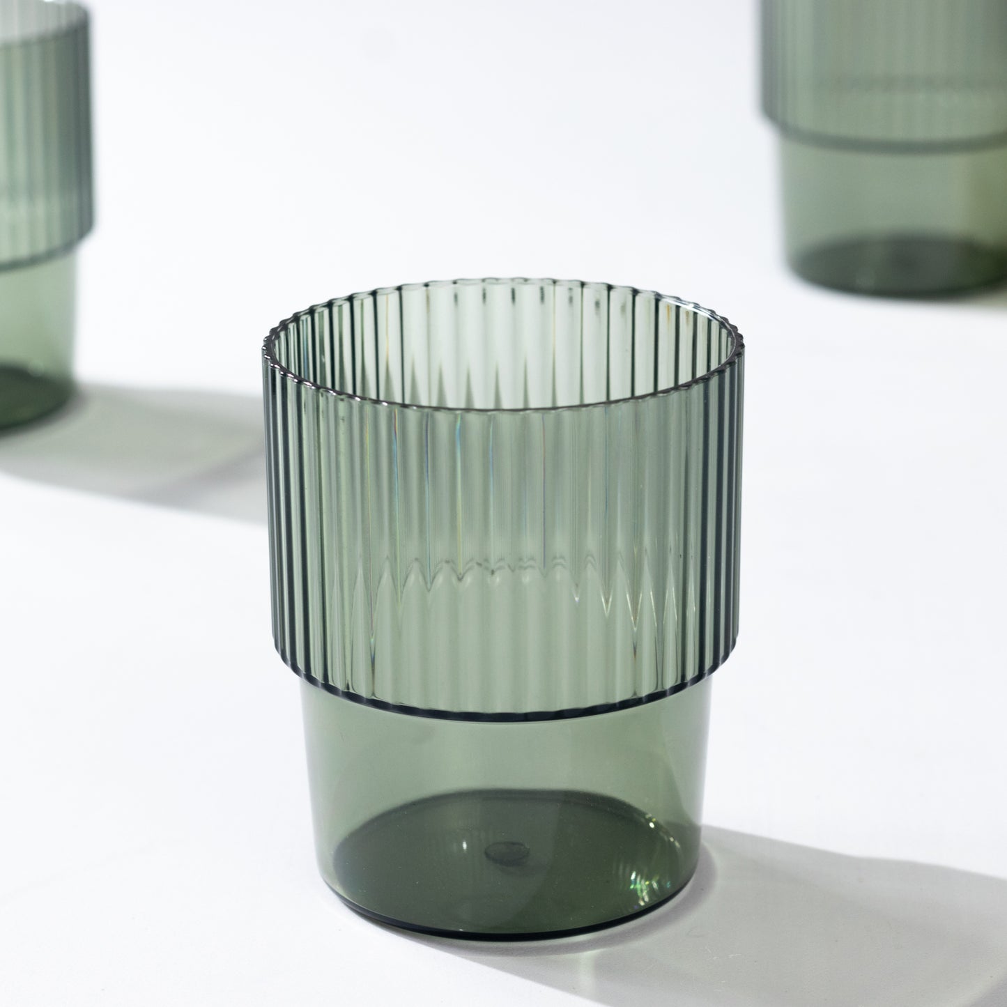 12 Pack Hunter Emerald Green Stackable Ribbed Reusable Plastic Tumblers, 7oz Shatterproof Short Drinking Glasses