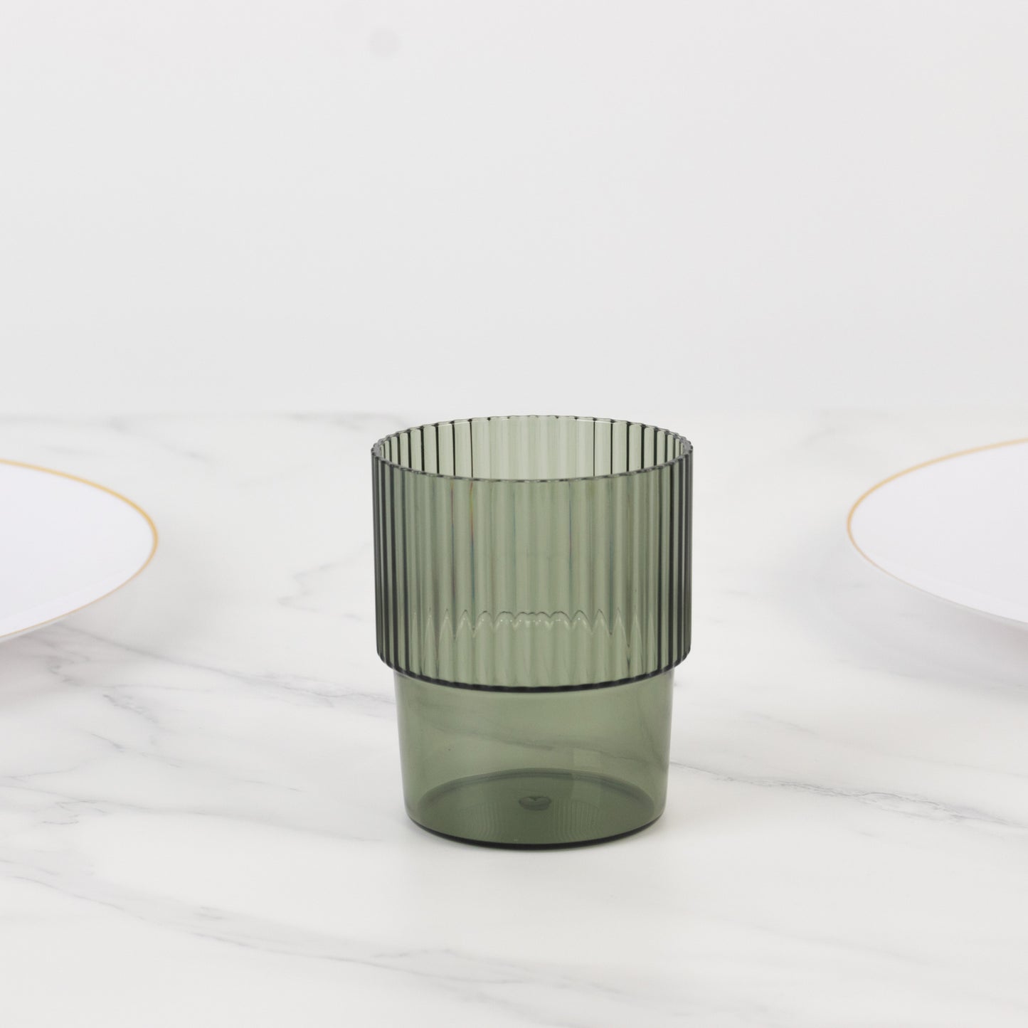 12 Pack Hunter Emerald Green Stackable Ribbed Reusable Plastic Tumblers, 7oz Shatterproof Short Drinking Glasses