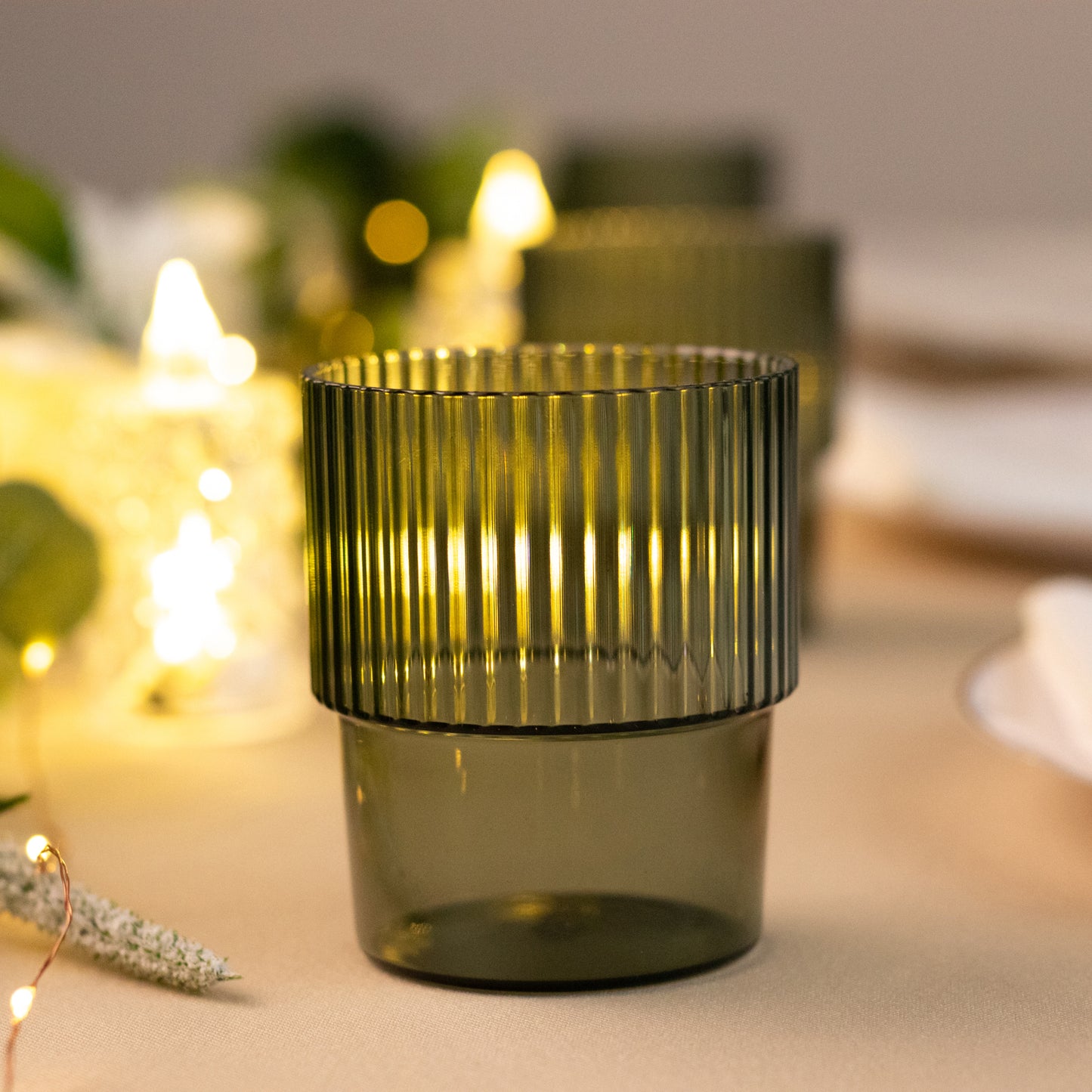 12 Pack Hunter Emerald Green Stackable Ribbed Reusable Plastic Tumblers, 7oz Shatterproof Short Drinking Glasses