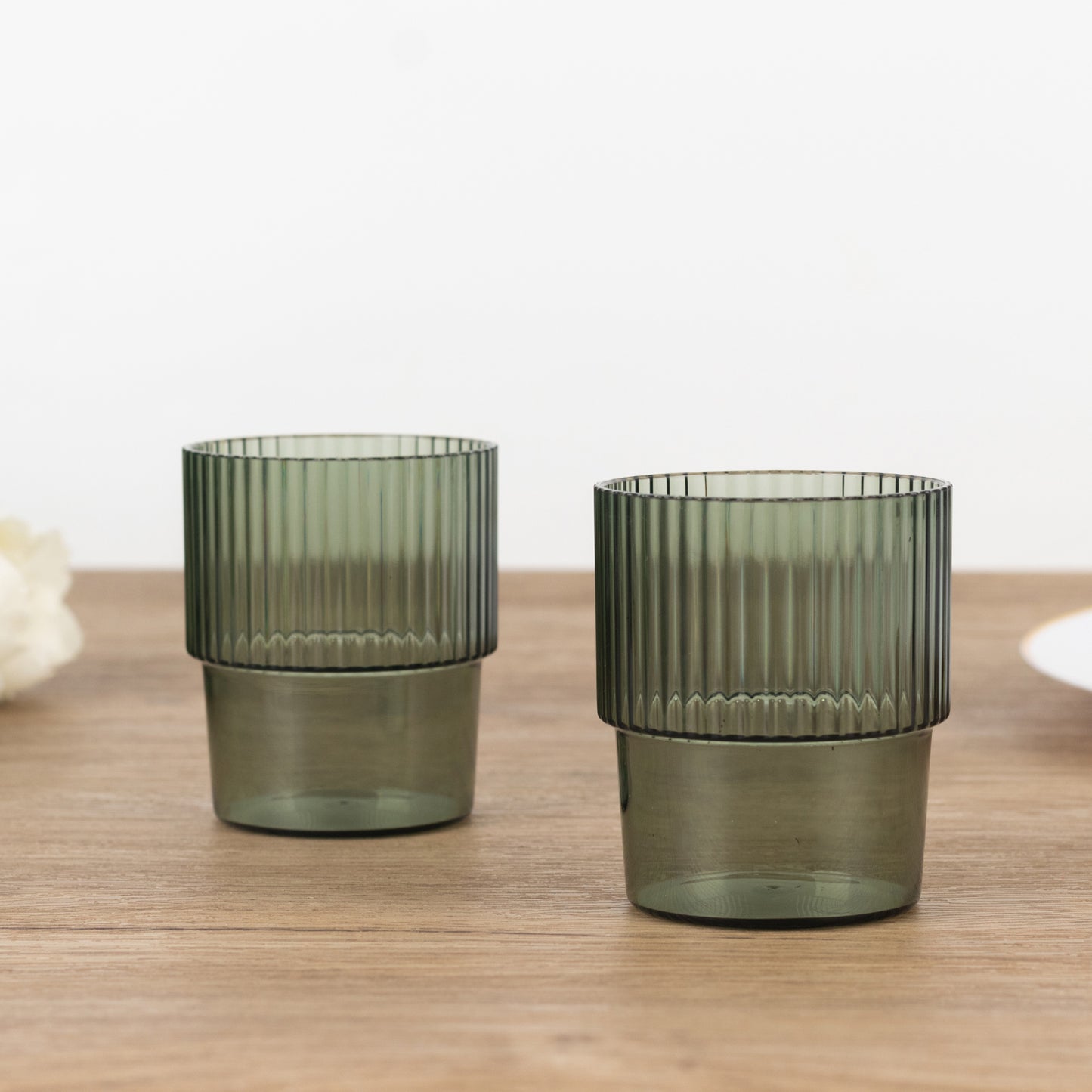 12 Pack Hunter Emerald Green Stackable Ribbed Reusable Plastic Tumblers, 7oz Shatterproof Short Drinking Glasses