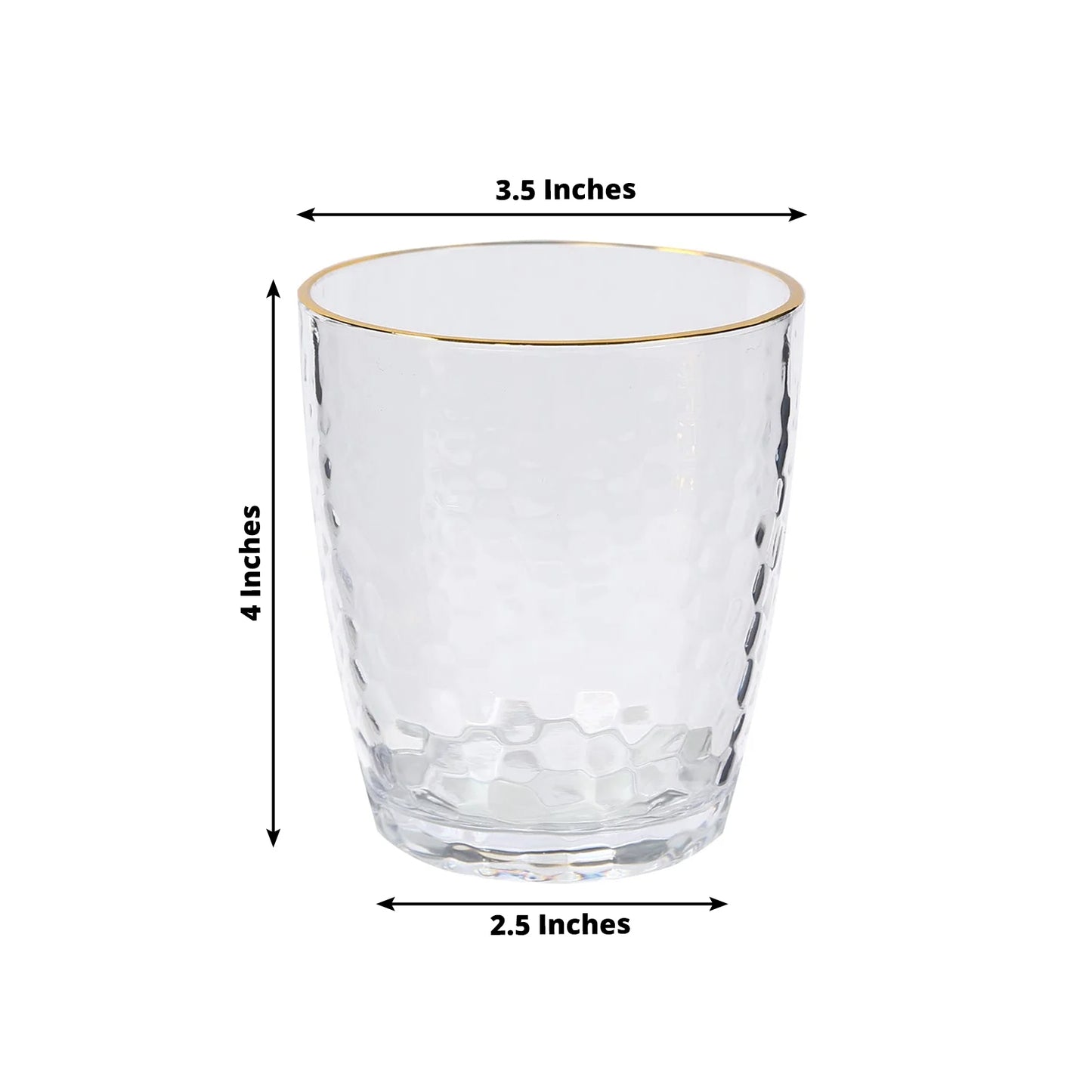 12-Pack Plastic Tumblers Reusable Hammered Cups 14oz – Clear with Gold Rim – Shatterproof Cocktail Drinkware