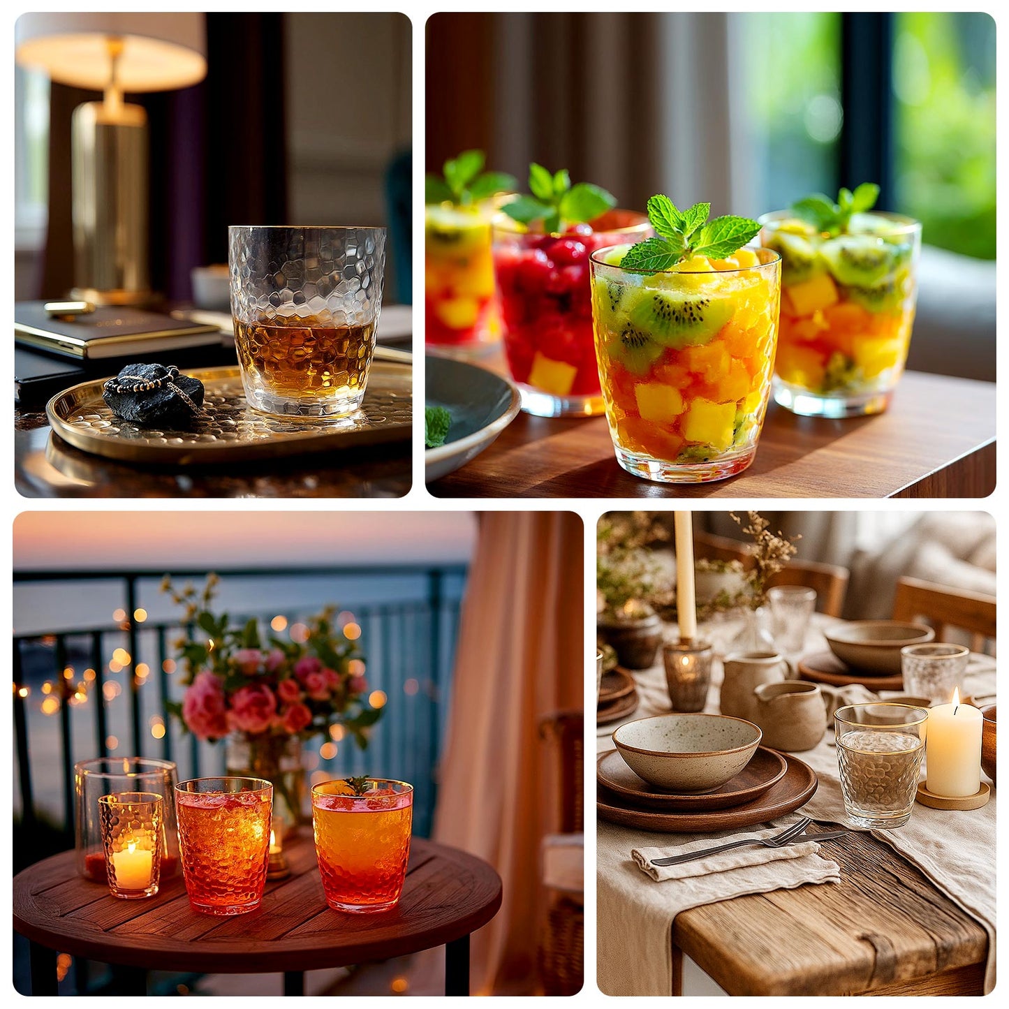 12-Pack Plastic Tumblers Reusable Hammered Cups 14oz – Clear with Gold Rim – Shatterproof Cocktail Drinkware