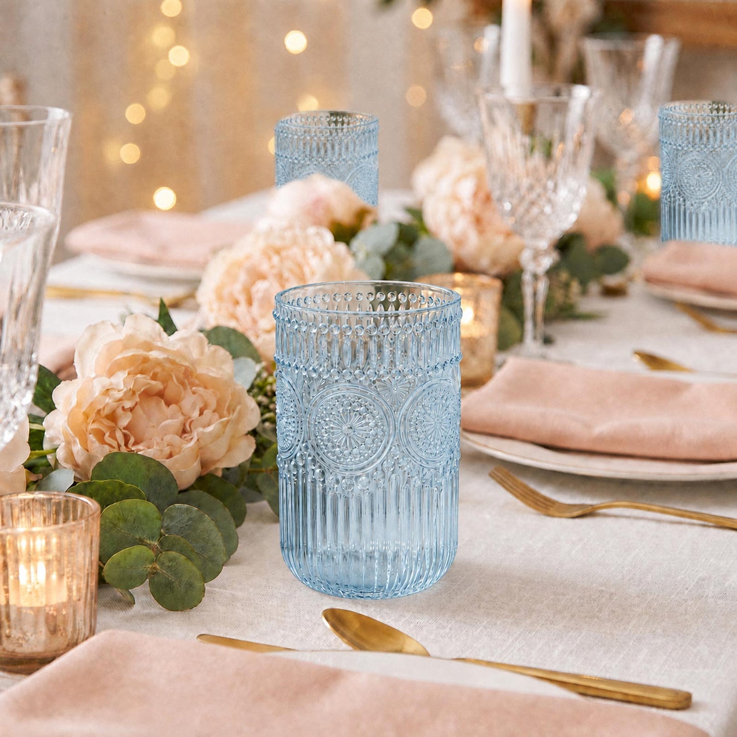 12 Pack 16oz Plastic Tumblers - Dusty Blue Vintage Highball Glasses, Reusable Shatterproof with Embo