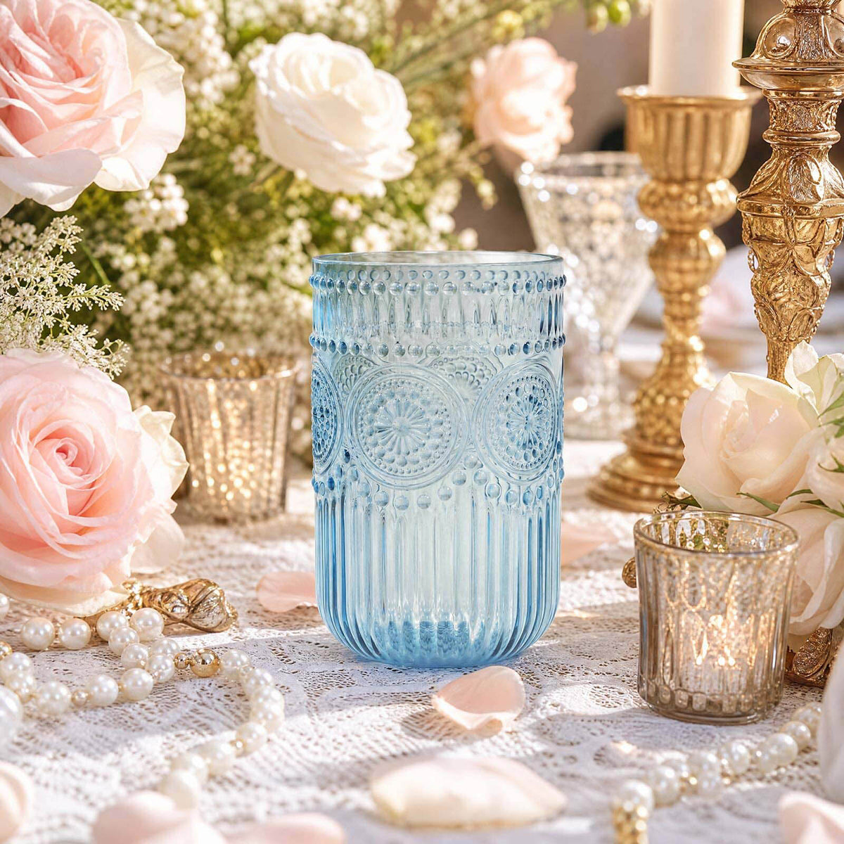 12 Pack 16oz Plastic Tumblers - Dusty Blue Vintage Highball Glasses, Reusable Shatterproof with Embo