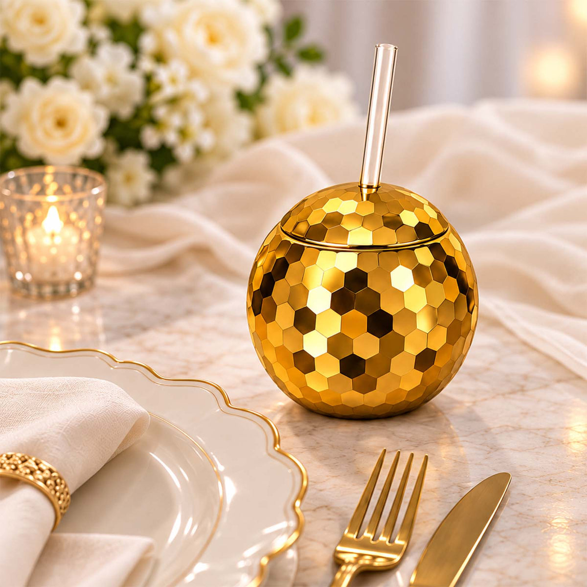 12 Pack Gold Disco Ball Cups with Lid and Straw 20oz – Reusable Plastic Cocktail Tumblers, 70s Retro