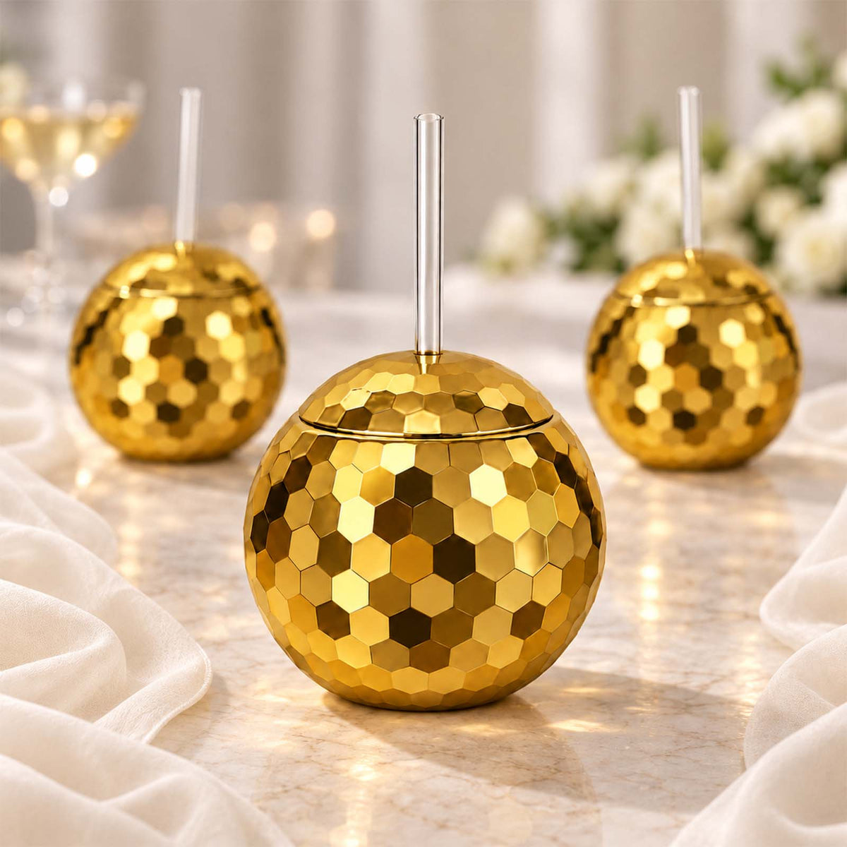 12 Pack Gold Disco Ball Cups with Lid and Straw 20oz – Reusable Plastic Cocktail Tumblers, 70s Retro
