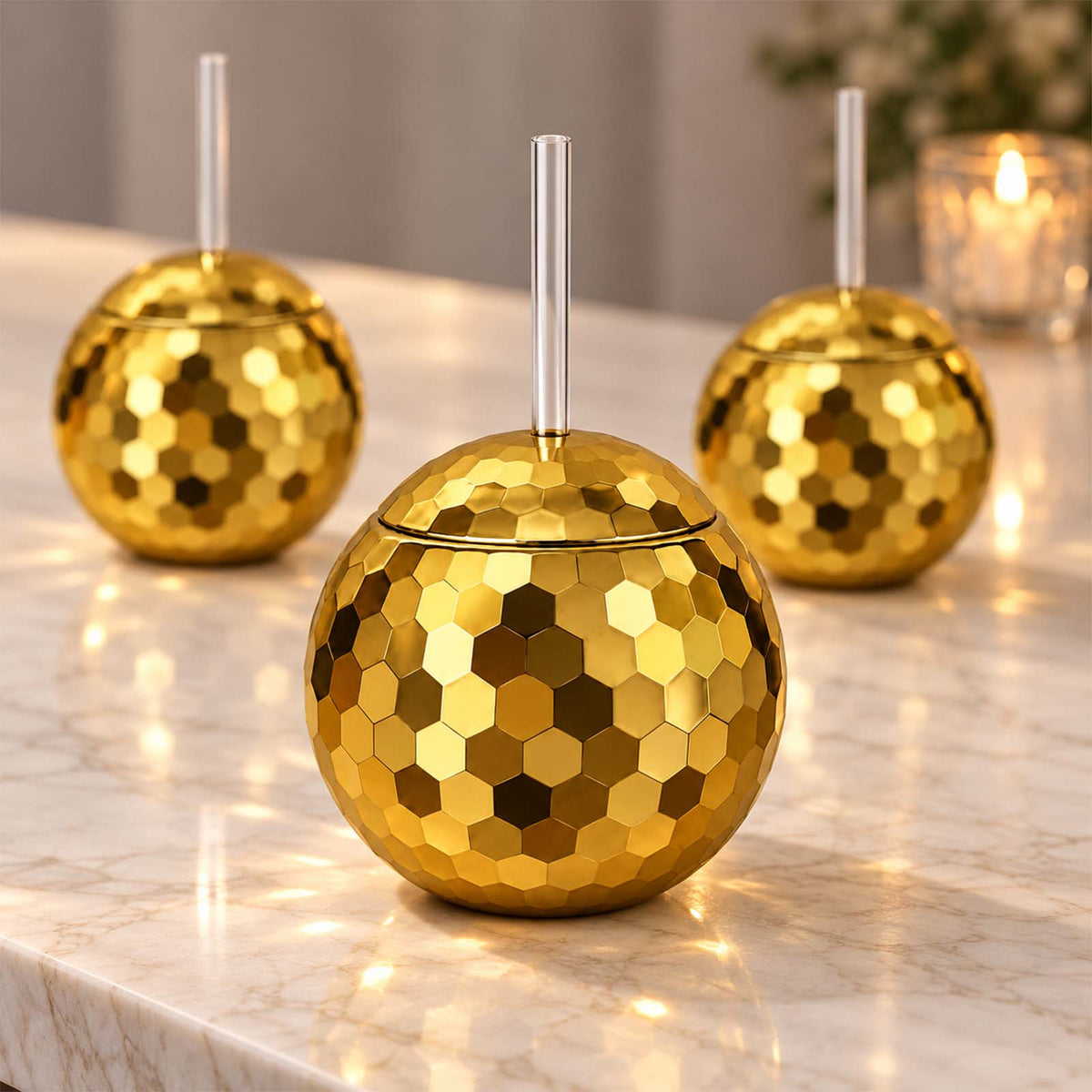 12 Pack Gold Disco Ball Cups with Lid and Straw 20oz – Reusable Plastic Cocktail Tumblers, 70s Retro
