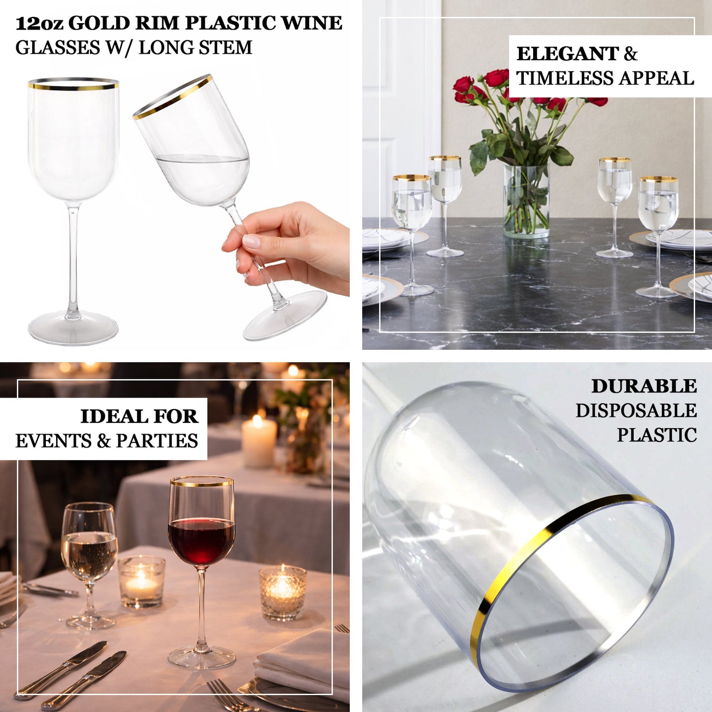 Clear plastic wine goblets with gold rim, perfect for events and parties.