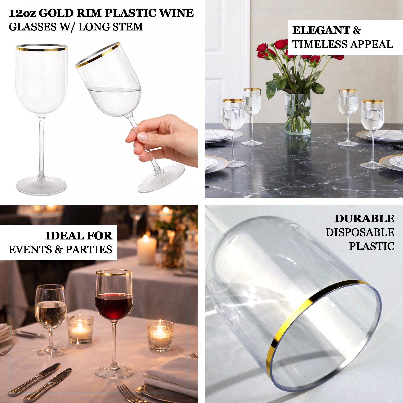 Clear plastic wine goblets with gold rim, perfect for events and parties.