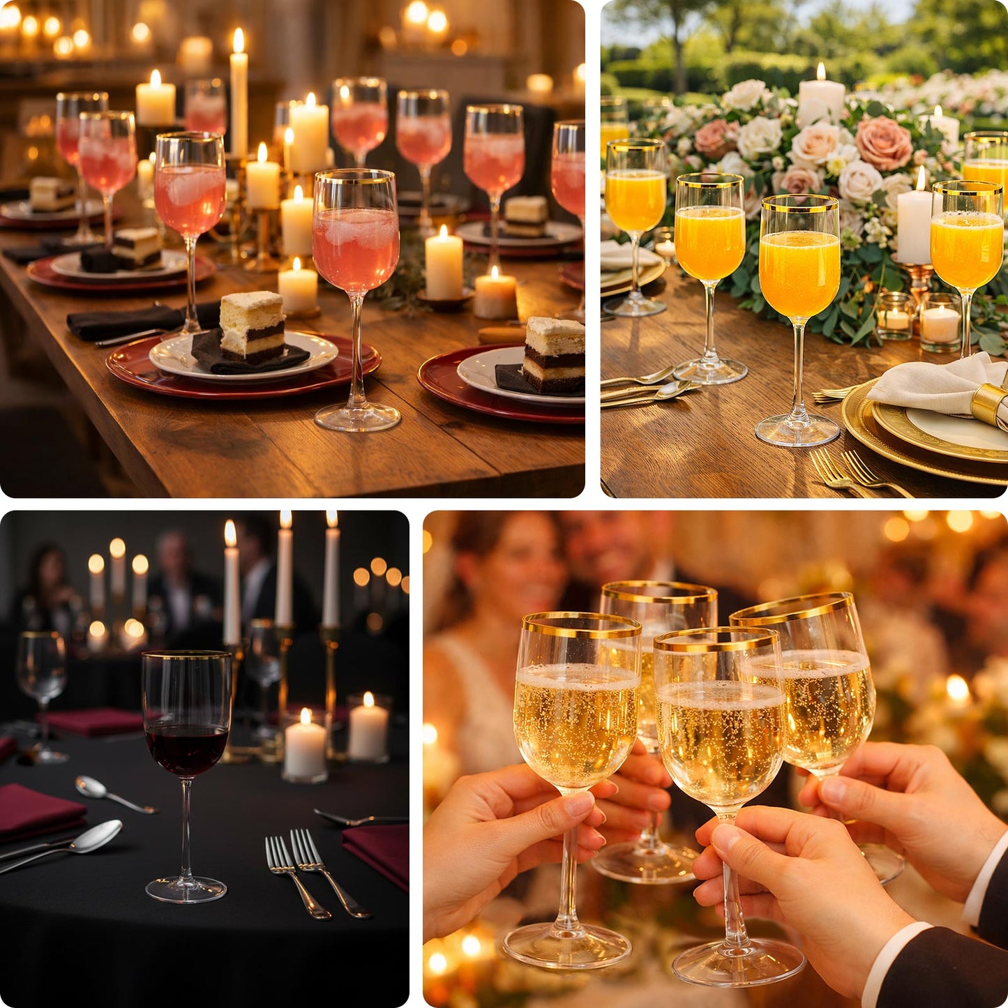 Clear plastic wine goblets with gold rim, perfect for elegant events and celebrations.
