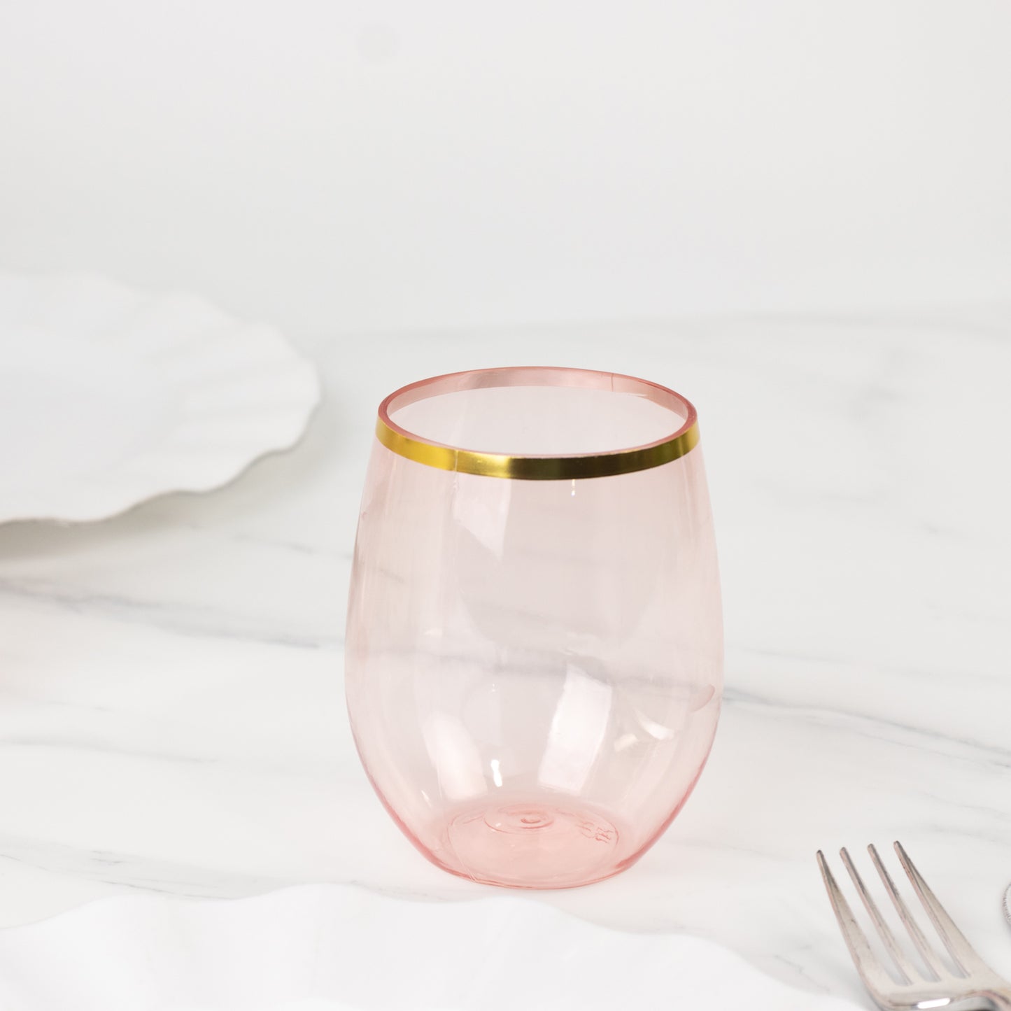 12 Pack Transparent Blush Plastic Stemless Wine Glasses with Gold Rim, 12oz Reusable Wine Tumblers