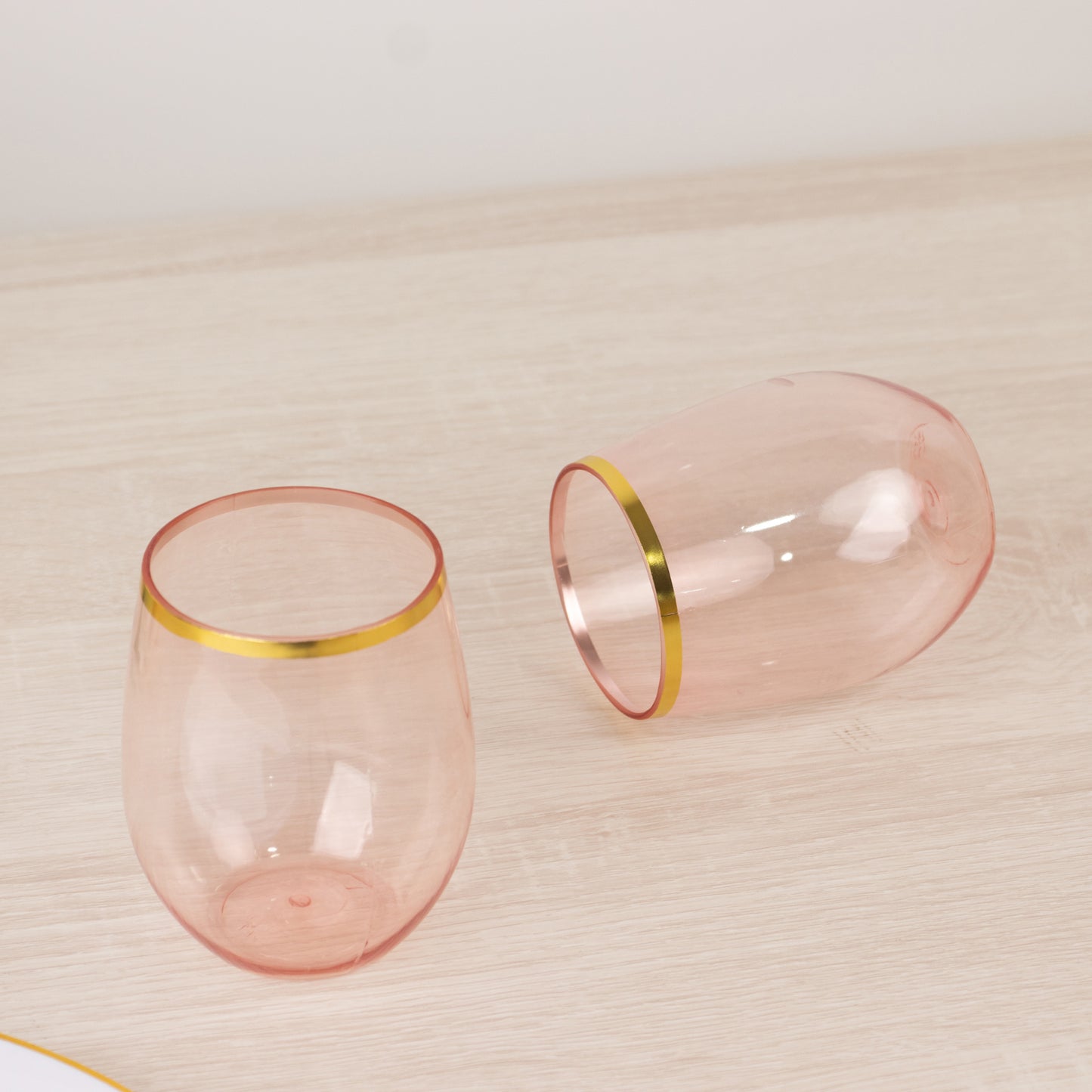 12 Pack Transparent Blush Plastic Stemless Wine Glasses with Gold Rim, 12oz Reusable Wine Tumblers