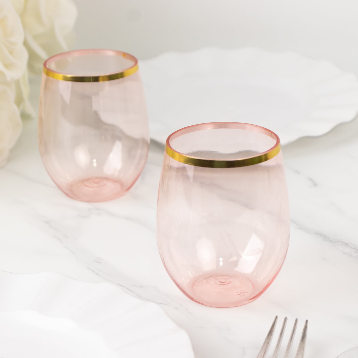 12 Pack Transparent Blush Plastic Stemless Wine Glasses with Gold Rim, 12oz Reusable Wine Tumblers