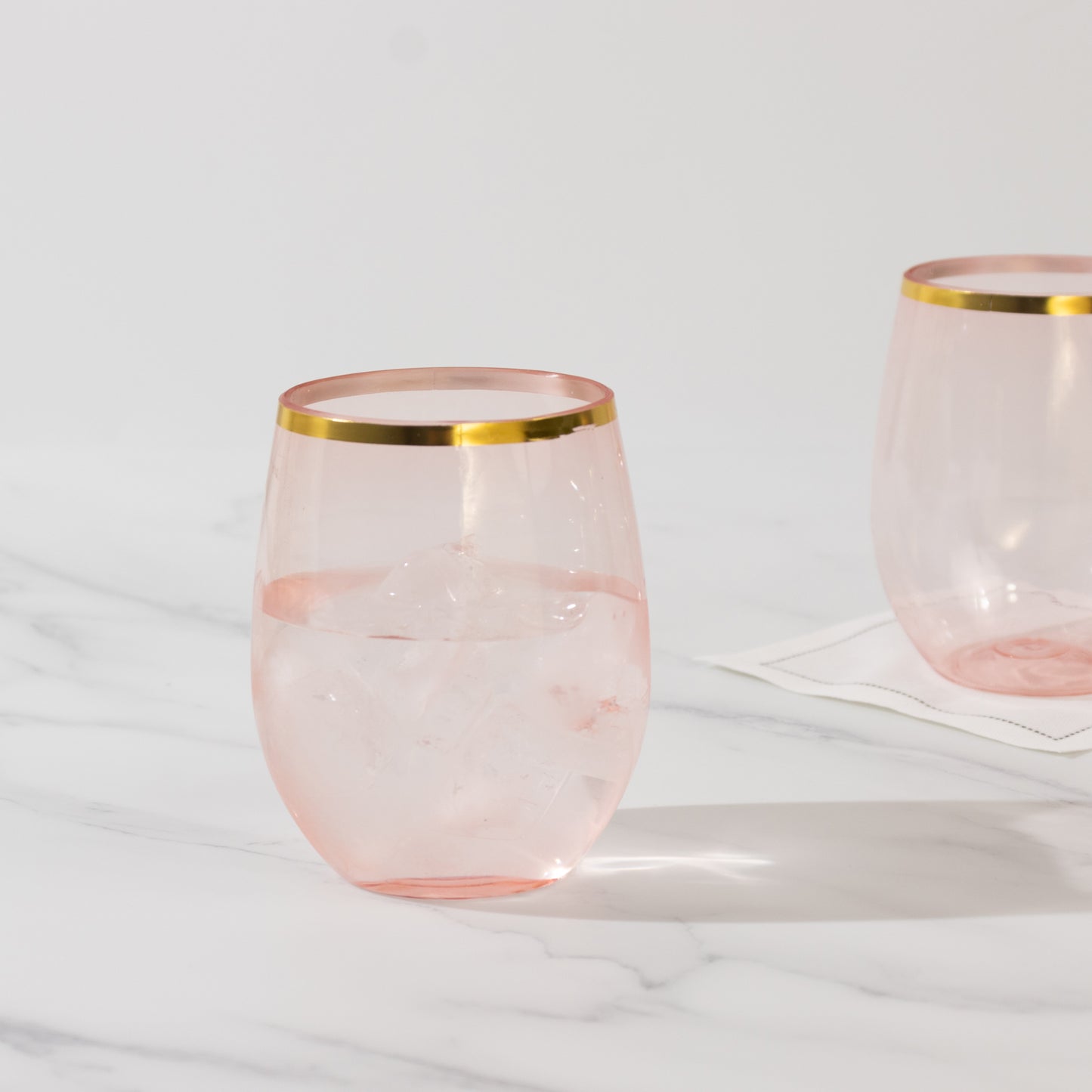 12 Pack Transparent Blush Plastic Stemless Wine Glasses with Gold Rim, 12oz Reusable Wine Tumblers