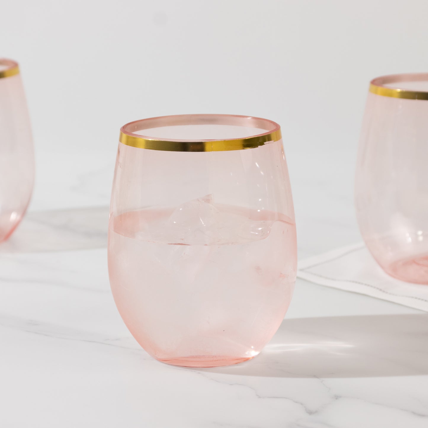 12 Pack Transparent Blush Plastic Stemless Wine Glasses with Gold Rim, 12oz Reusable Wine Tumblers