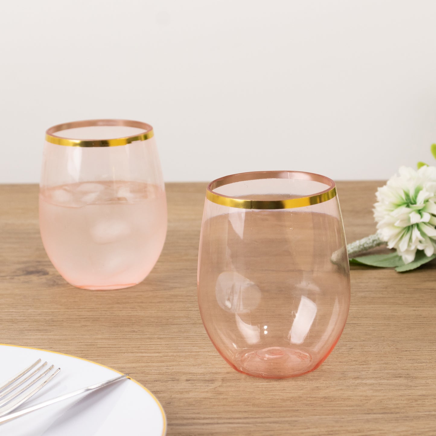 12 Pack Transparent Blush Plastic Stemless Wine Glasses with Gold Rim, 12oz Reusable Wine Tumblers