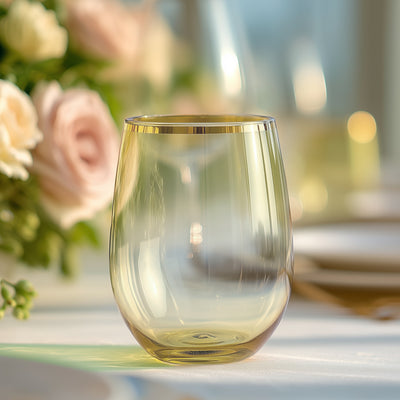 Transparent Dusty Sage Green Stemless Plastic Wine Glasses with Gold Rim