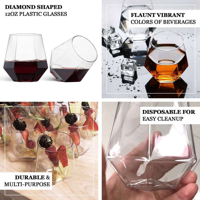 Clear plastic diamond-shaped shatterproof whiskey cups, reusable stemless wine glasses.