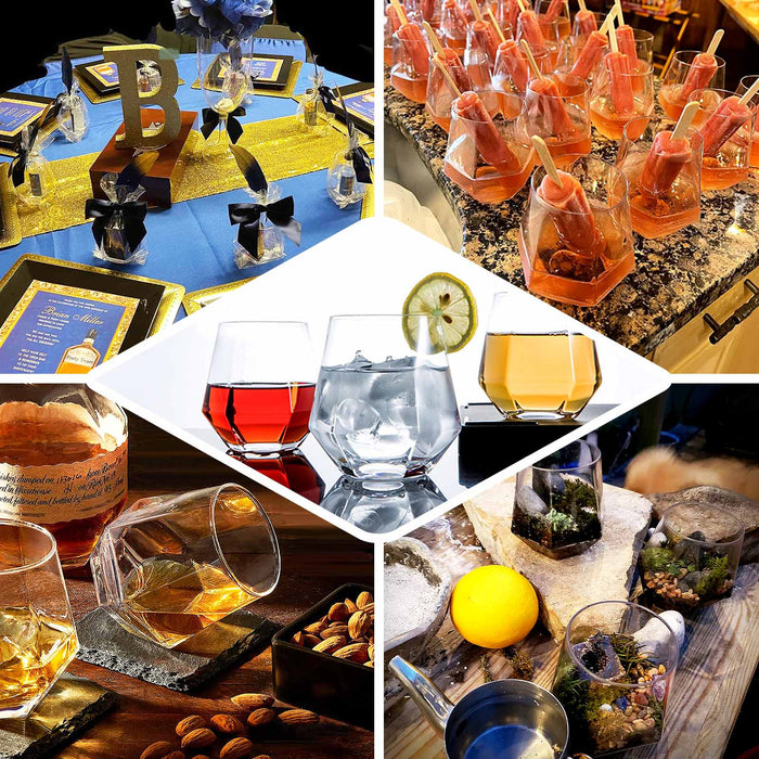 Clear plastic diamond-shaped shatterproof whiskey cups for drinks.