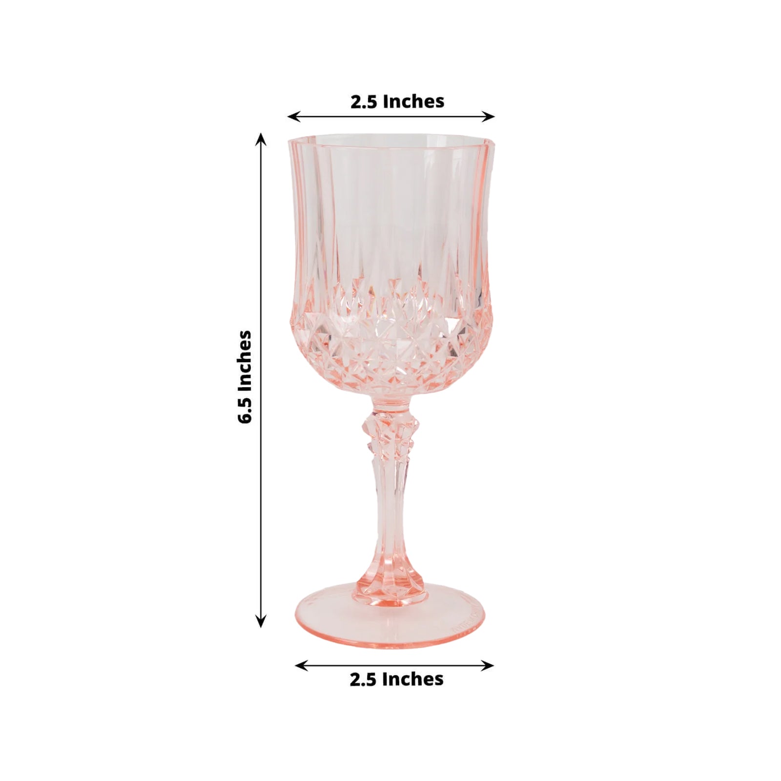 Transparent blush crystal cut reusable plastic cocktail goblet.