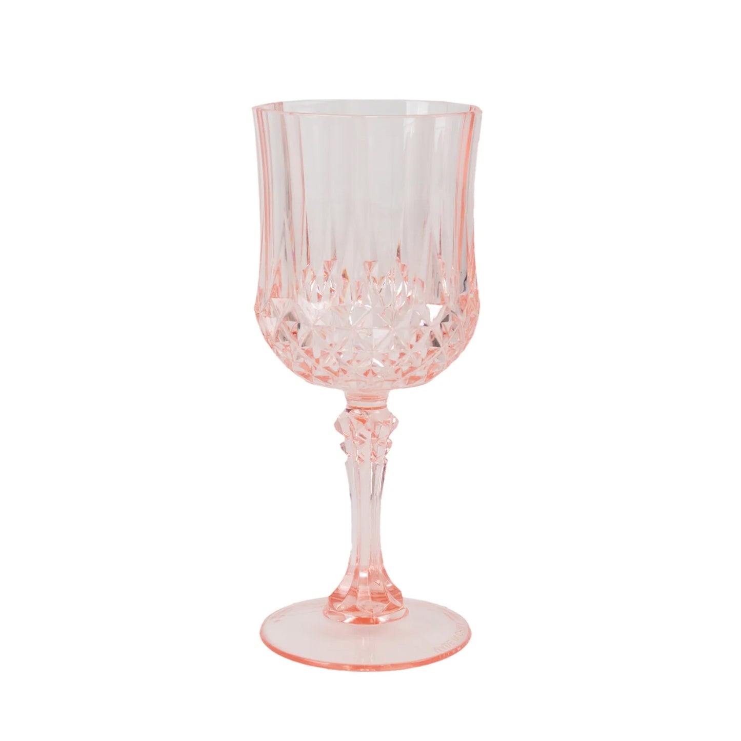 Transparent blush crystal cut reusable plastic cocktail goblet.