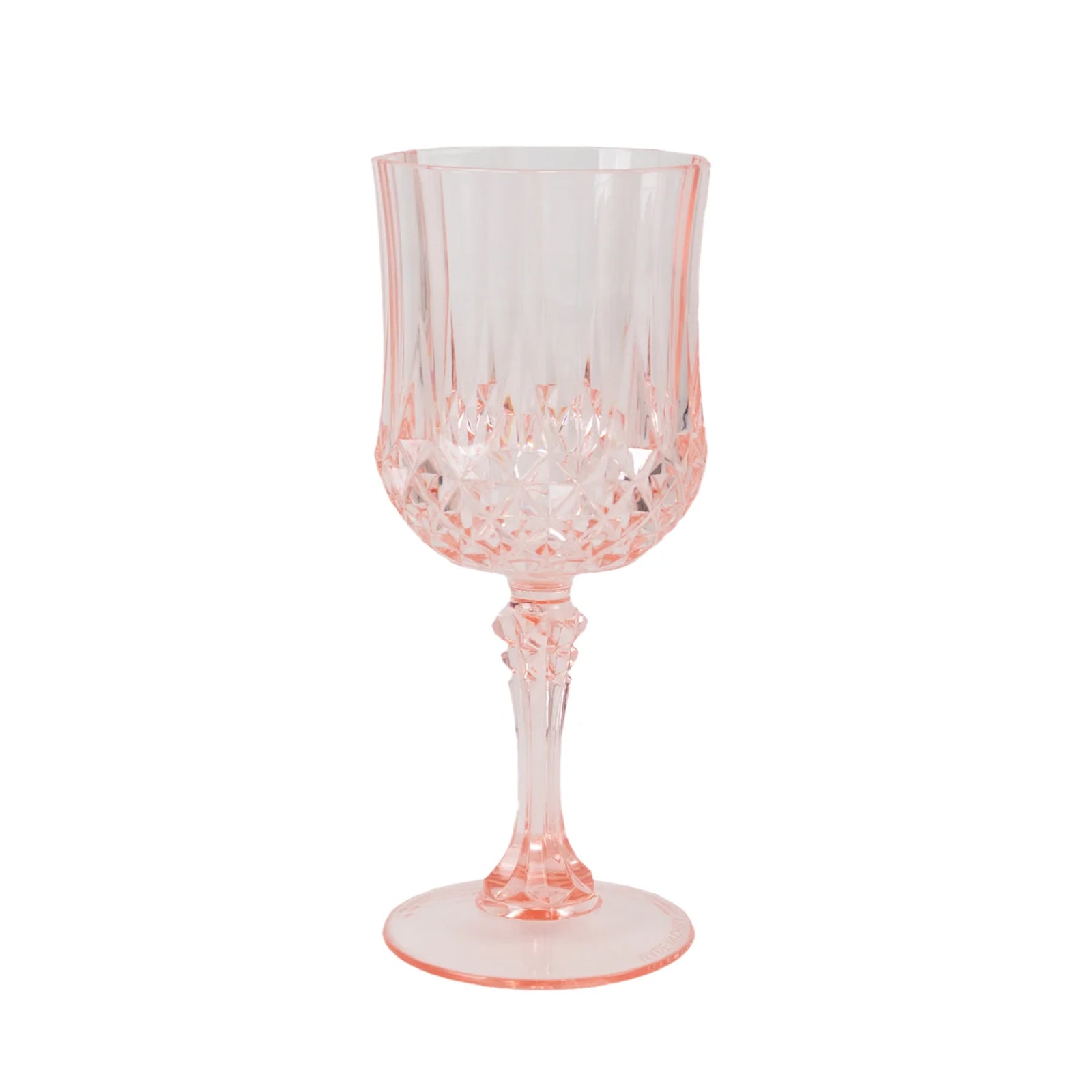 Transparent blush crystal cut reusable plastic cocktail goblet.