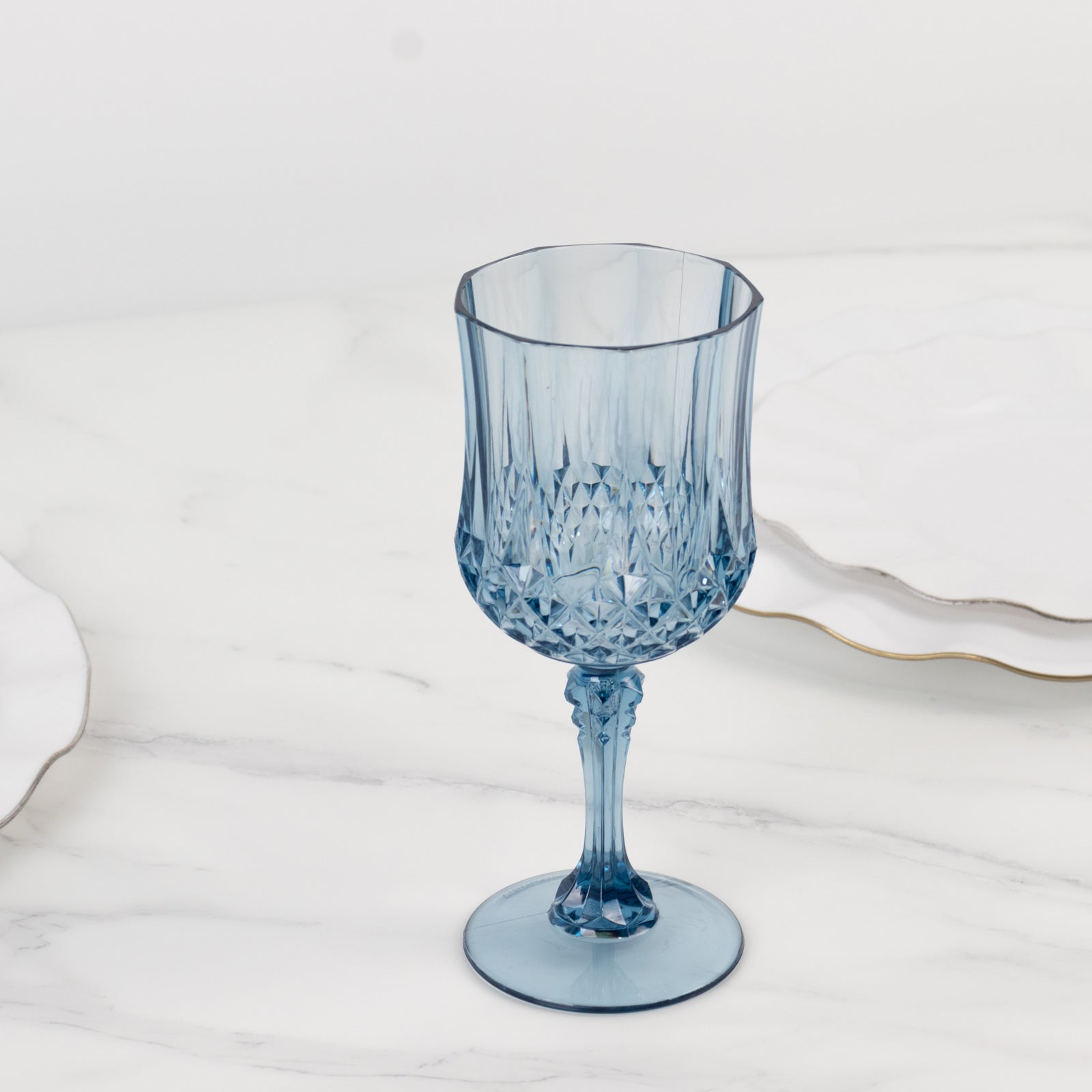 6-Pack Transparent Plastic Crystal Cut Wine Glasses 8Oz, Dusty Blue | Shatterproof Cocktail Goblets