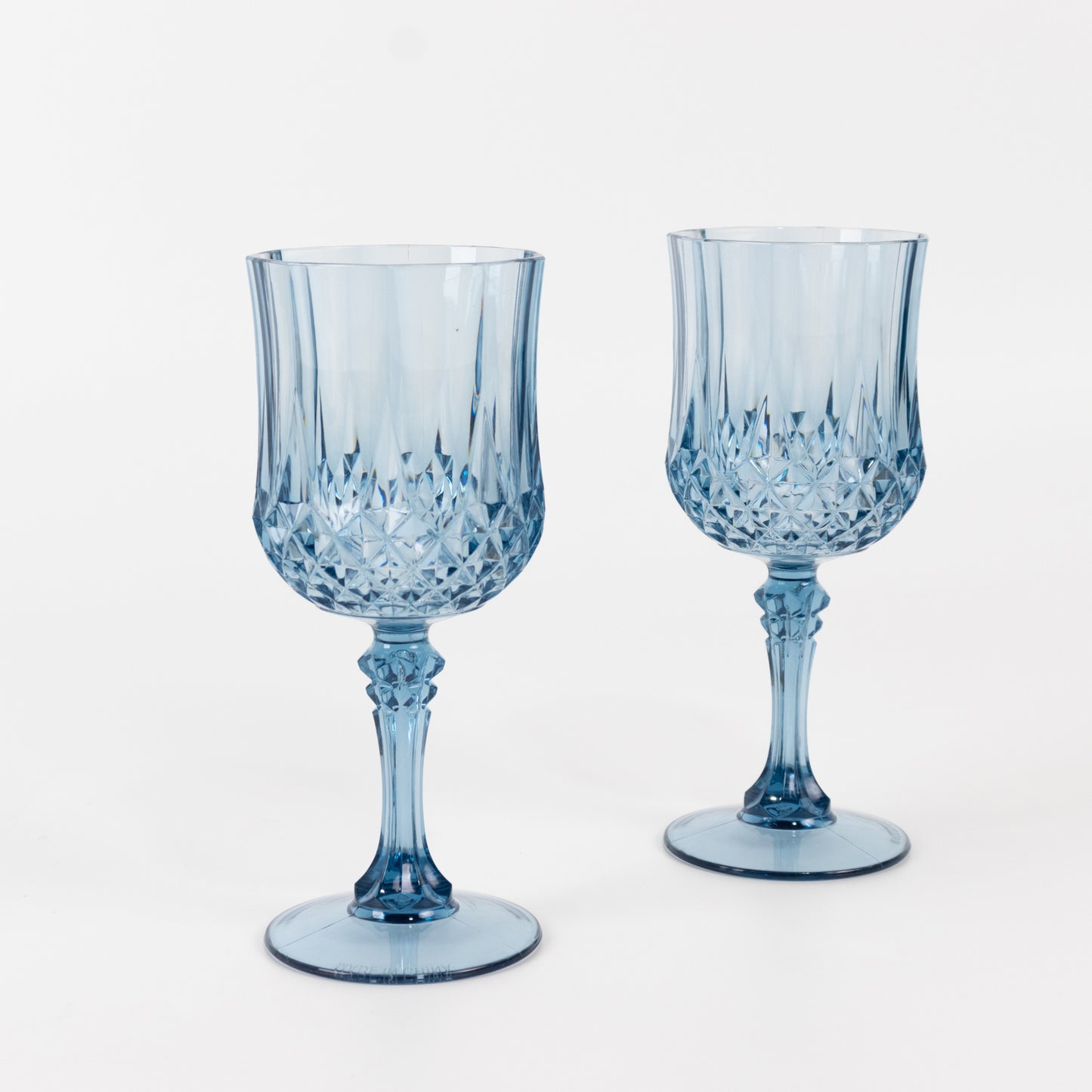 Dusty blue crystal cut reusable plastic cocktail goblets, shatterproof wine glasses.