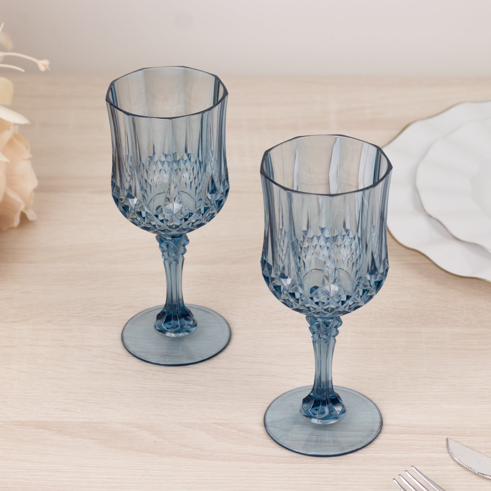 6-Pack Transparent Plastic Crystal Cut Wine Glasses 8Oz, Dusty Blue | Shatterproof Cocktail Goblets