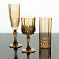 Amber crystal cut reusable cocktail goblets, shatterproof and elegant.