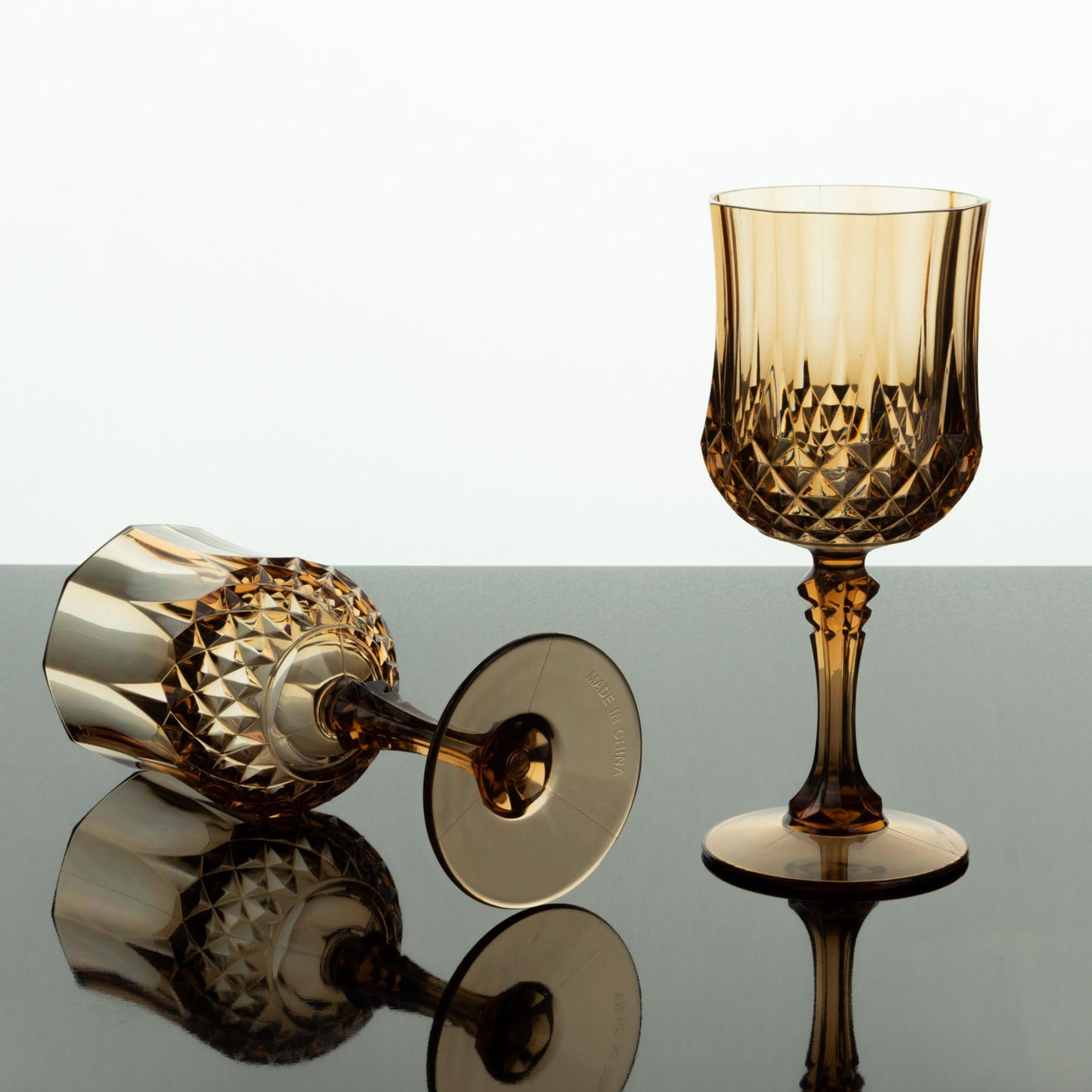 Amber gold crystal cut shatterproof cocktail goblets, 8oz, reusable, 6 pack.
