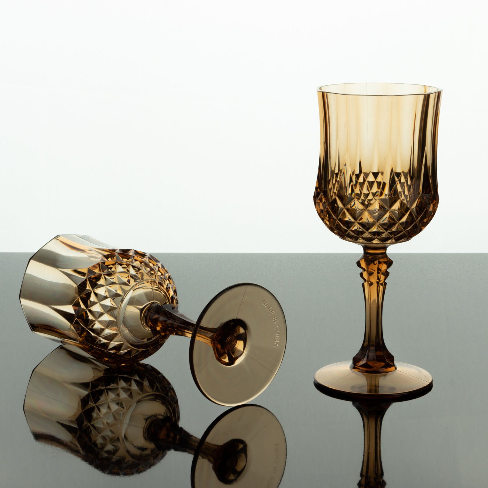 Amber gold crystal cut shatterproof cocktail goblets, 8oz, reusable, 6 pack.