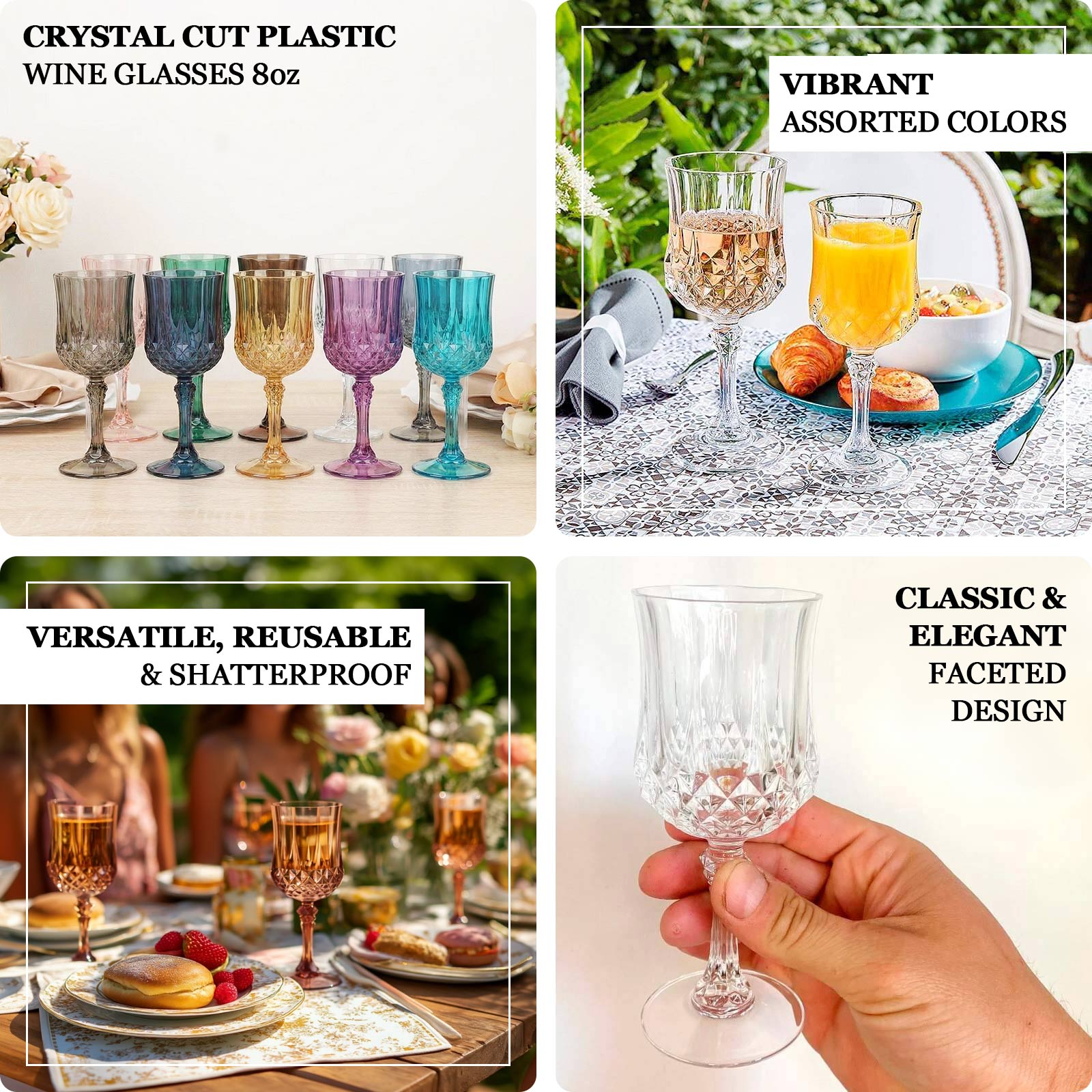 Clear crystal cut reusable plastic cocktail goblets in assorted vibrant colors.