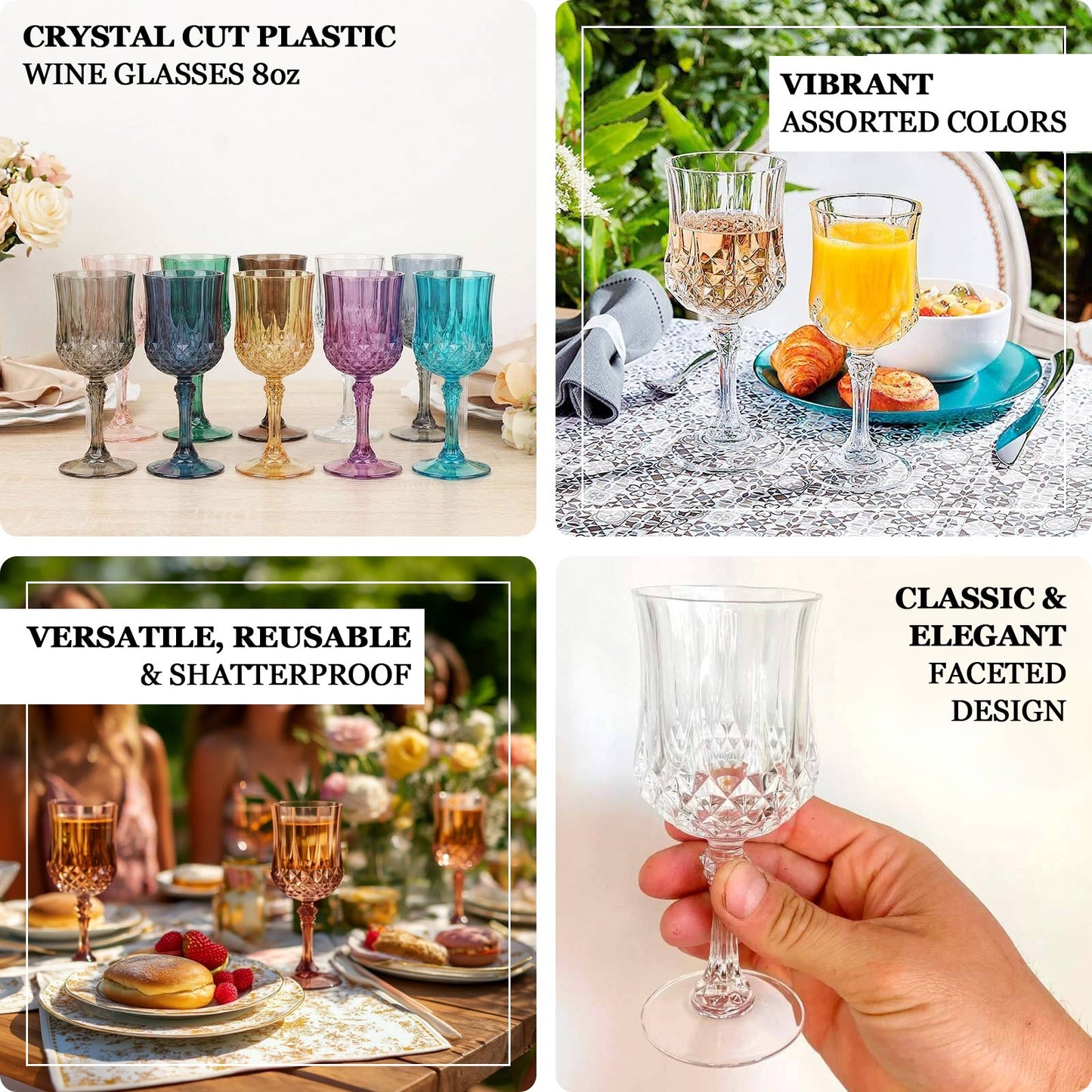 Assorted green crystal cut reusable plastic cocktail goblets.