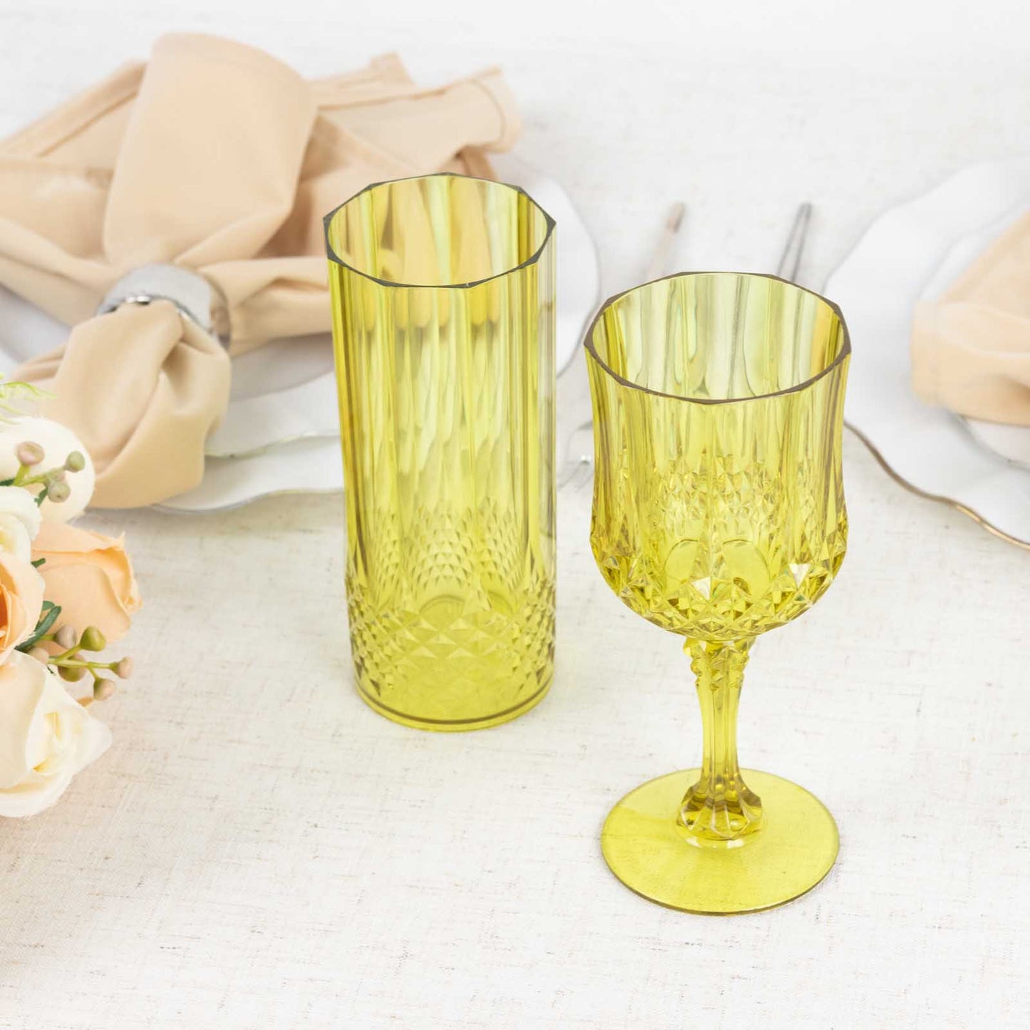 6 Pack 8oz Green Crystal Cut Reusable Plastic Cocktail Goblets, Shatterproof Wine Glasses