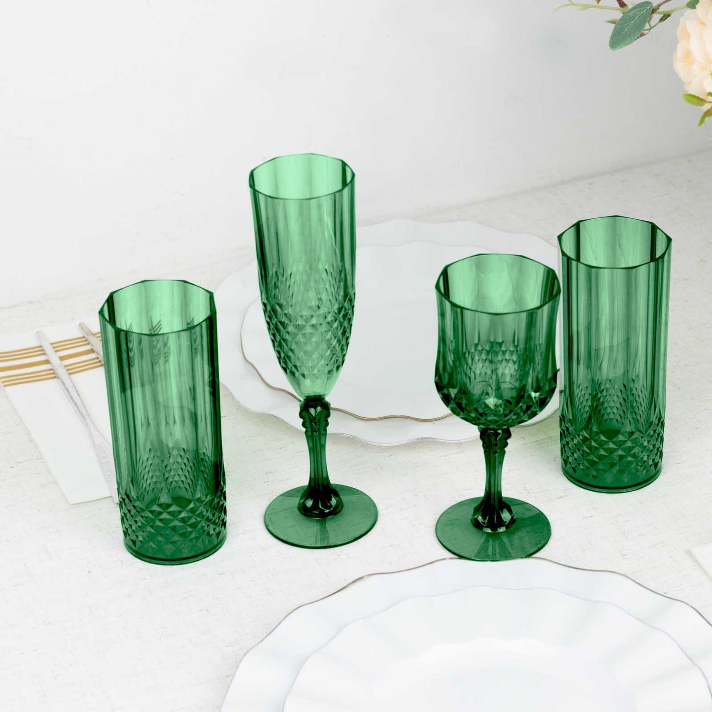 6 Pack 8oz Hunter Emerald Green Crystal Cut Reusable Plastic Cocktail Goblets, Shatterproof Wine Glasses