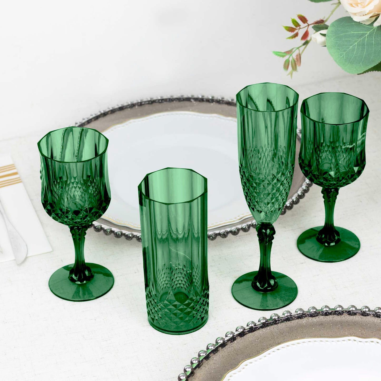 6 Pack 8oz Hunter Emerald Green Crystal Cut Reusable Plastic Cocktail Goblets, Shatterproof Wine Glasses