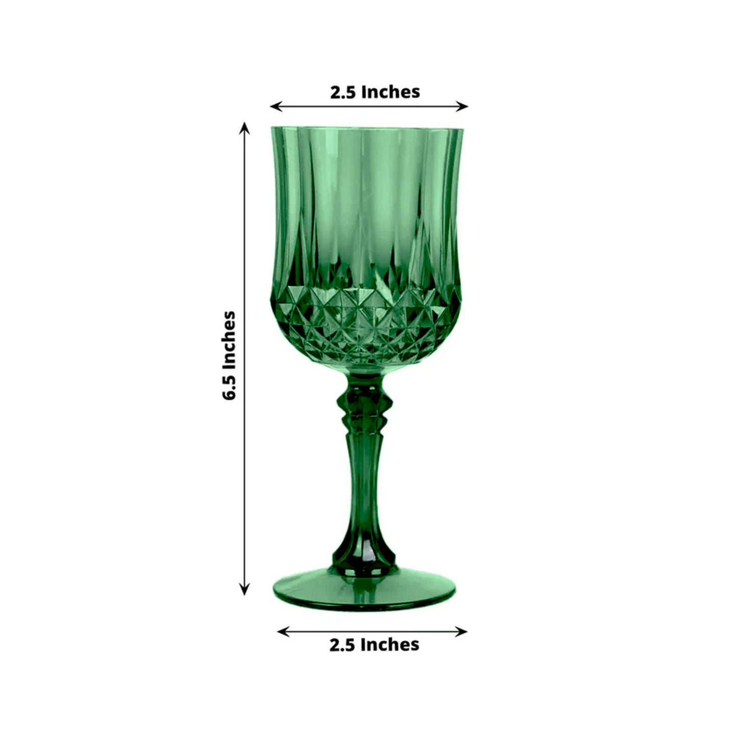 6 Pack 8oz Hunter Emerald Green Crystal Cut Reusable Plastic Cocktail Goblets, Shatterproof Wine Glasses
