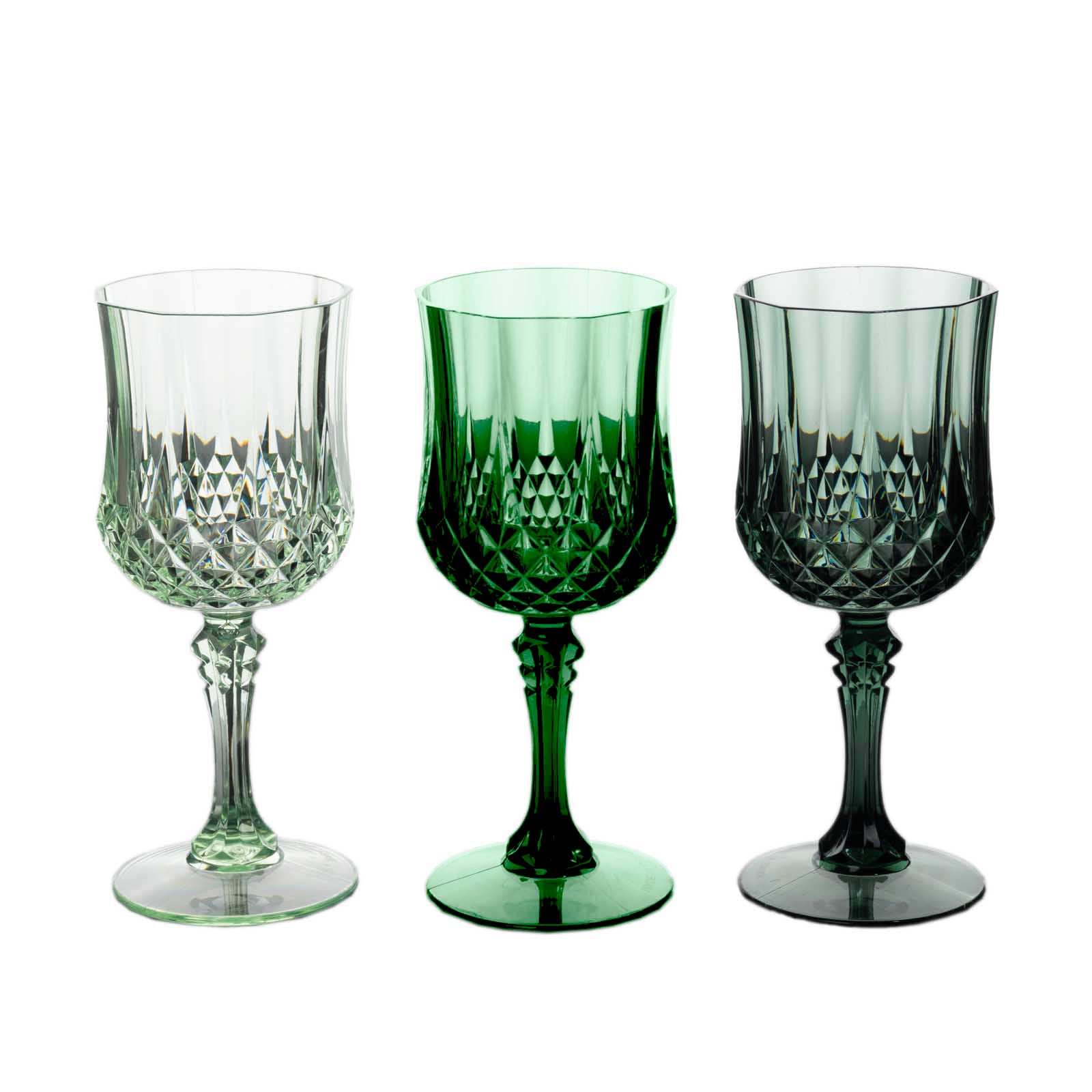 Assorted green crystal cut reusable plastic cocktail goblets.