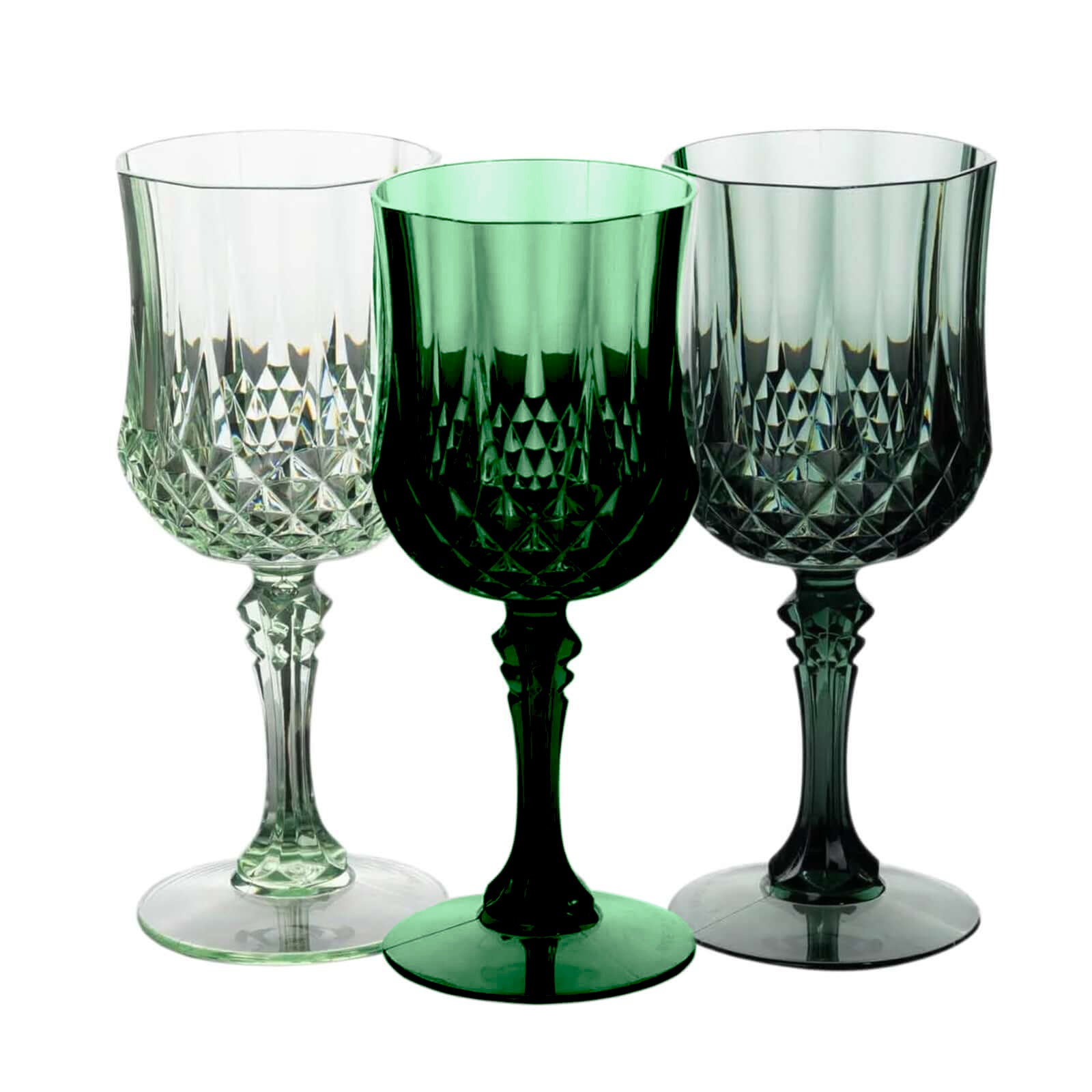 Assorted green crystal cut reusable plastic cocktail goblets.