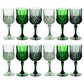 Assorted green crystal cut reusable plastic cocktail goblets, shatterproof wine glasses.