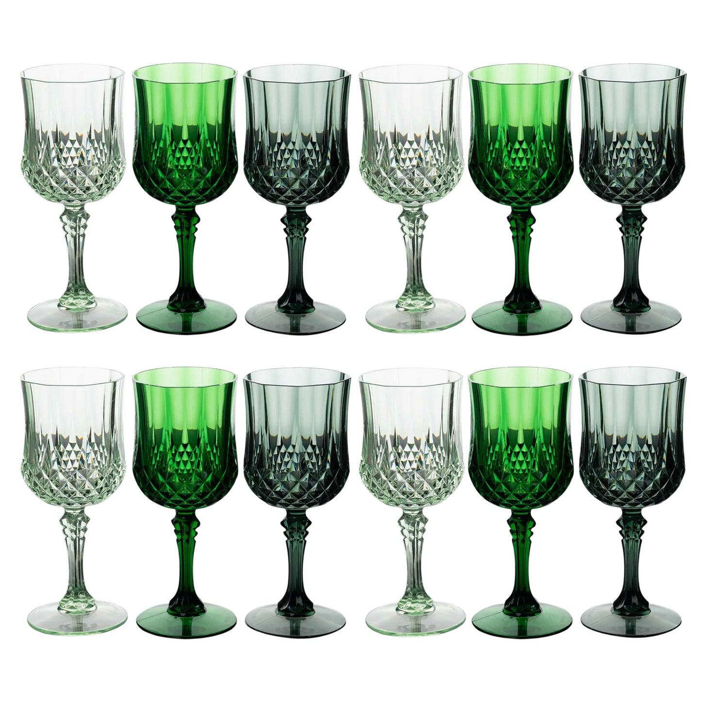 Assorted green crystal cut reusable plastic cocktail goblets, shatterproof wine glasses.