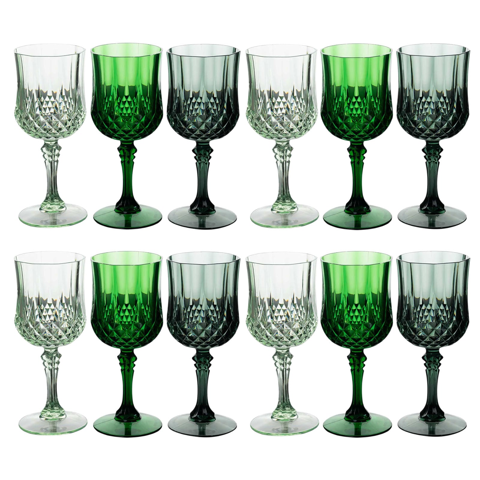 Assorted green crystal cut reusable plastic cocktail goblets, shatterproof wine glasses.