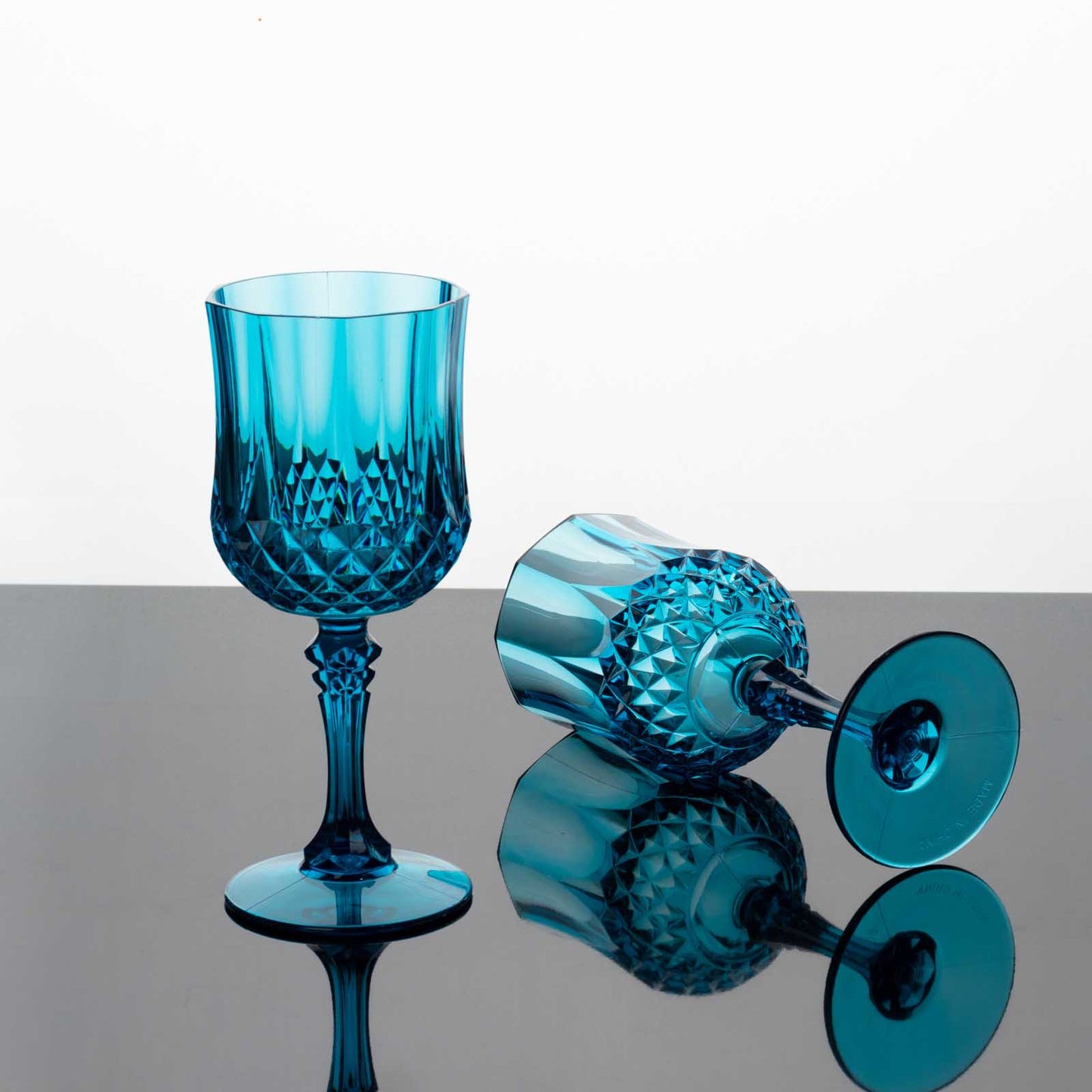 6 Pack 8oz Ocean Blue Crystal Cut Reusable Plastic Cocktail Goblets, Shatterproof Wine Glasses