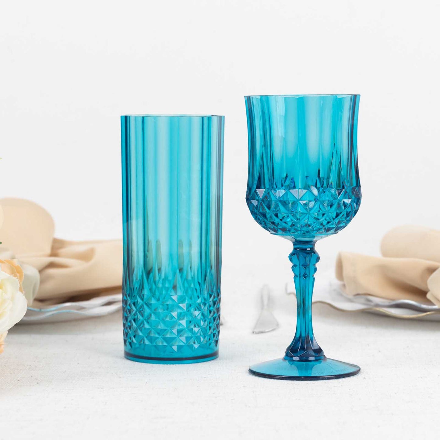 6 Pack 8oz Ocean Blue Crystal Cut Reusable Plastic Cocktail Goblets, Shatterproof Wine Glasses