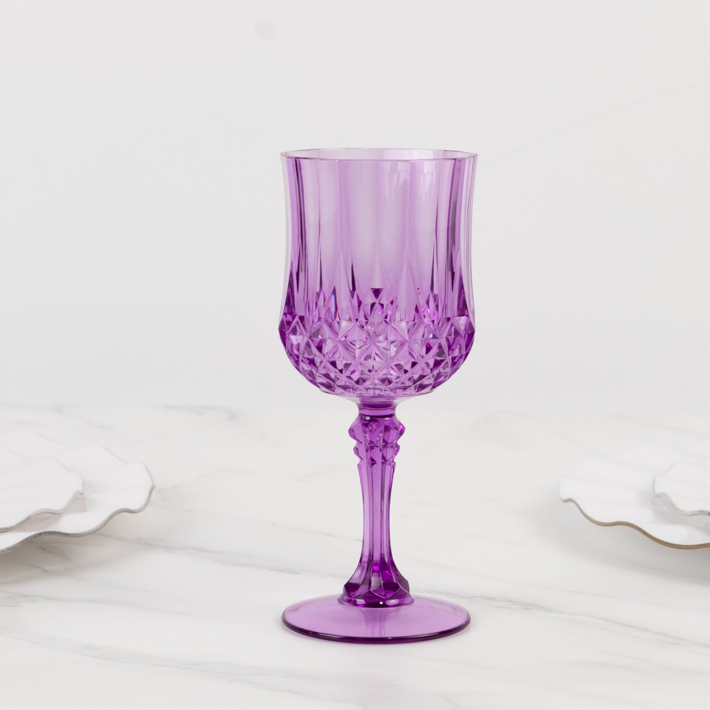 6 Pack 8oz Purple Crystal Cut Reusable Plastic Cocktail Goblets, Shatterproof Wine Glasses