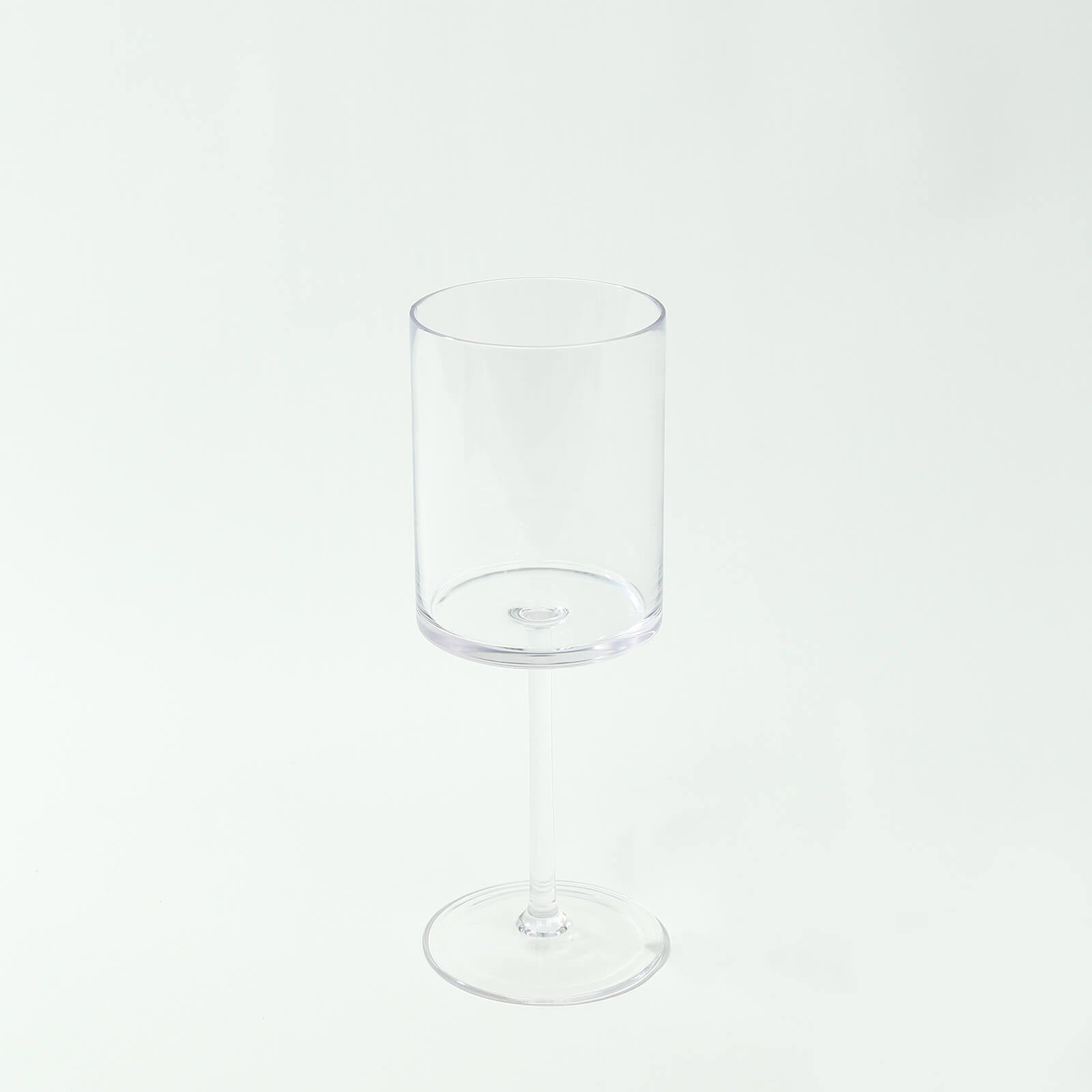 Clear plastic reusable cocktail glass with long stem, 10oz capacity.
